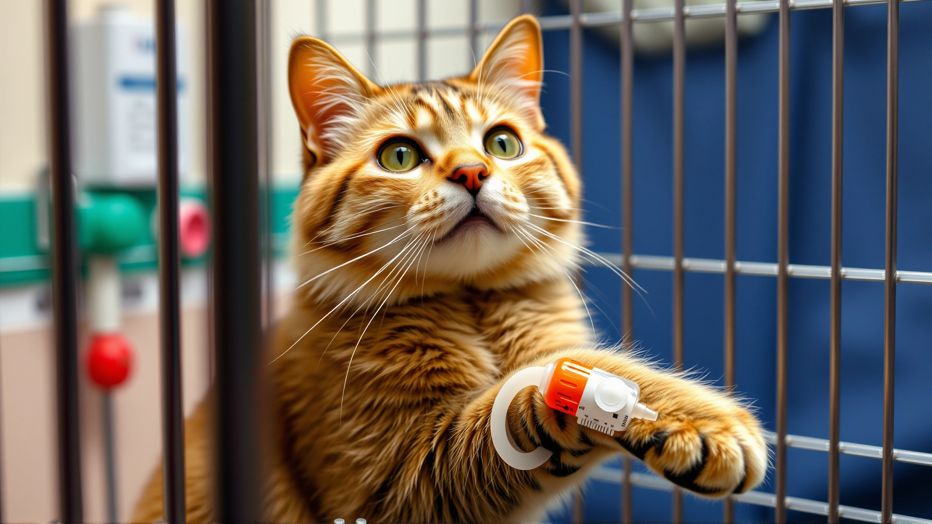 Cat inside veterinary clinic cage with intravenous catheter in paw, receiving fluids.