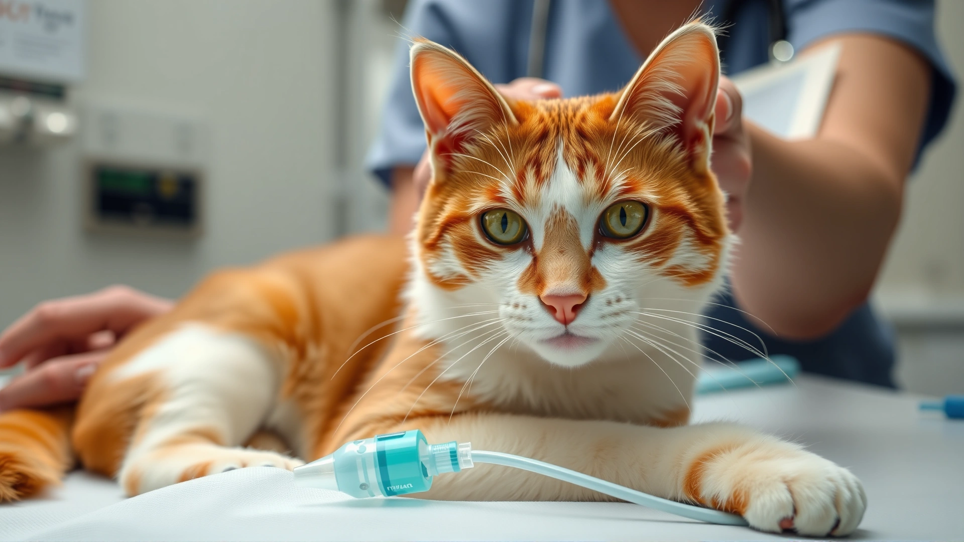 Cat receiving intravenous fluids at a veterinary clinic, catheter in foreleg, caring nurse monitoring, soft lighting