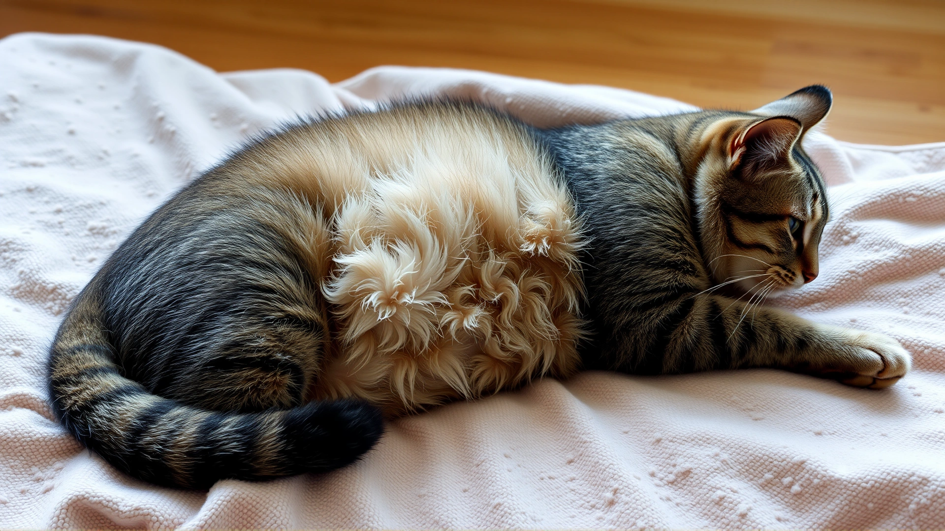 Side view of a cat with a slightly distended abdomen lying on a soft blanket, illustrating abdominal fluid buildup