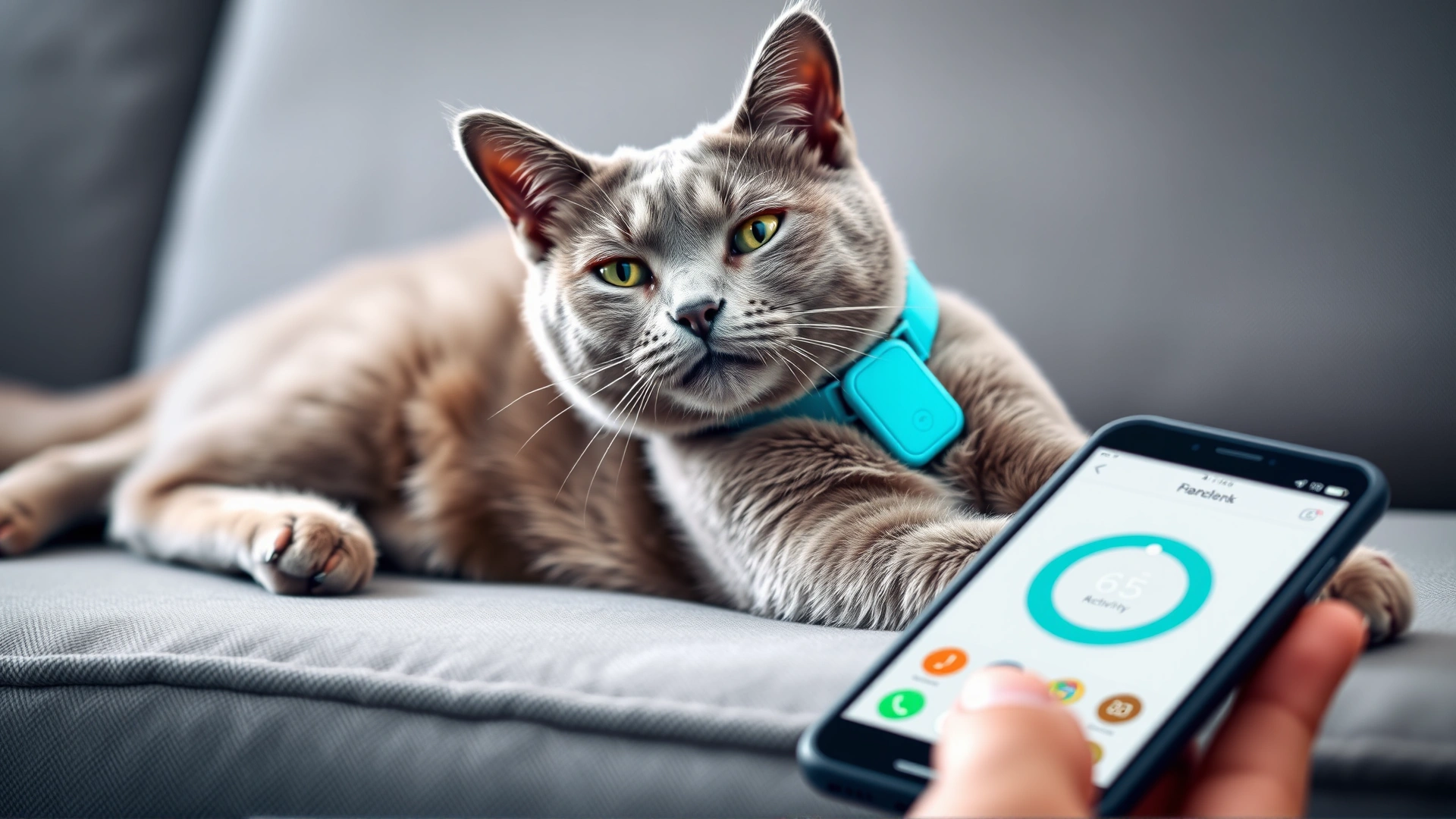A gray cat stretching on a sofa while wearing a small turquoise activity tracker attached to its collar, with a smartphone displaying the tracker app in the foreground.