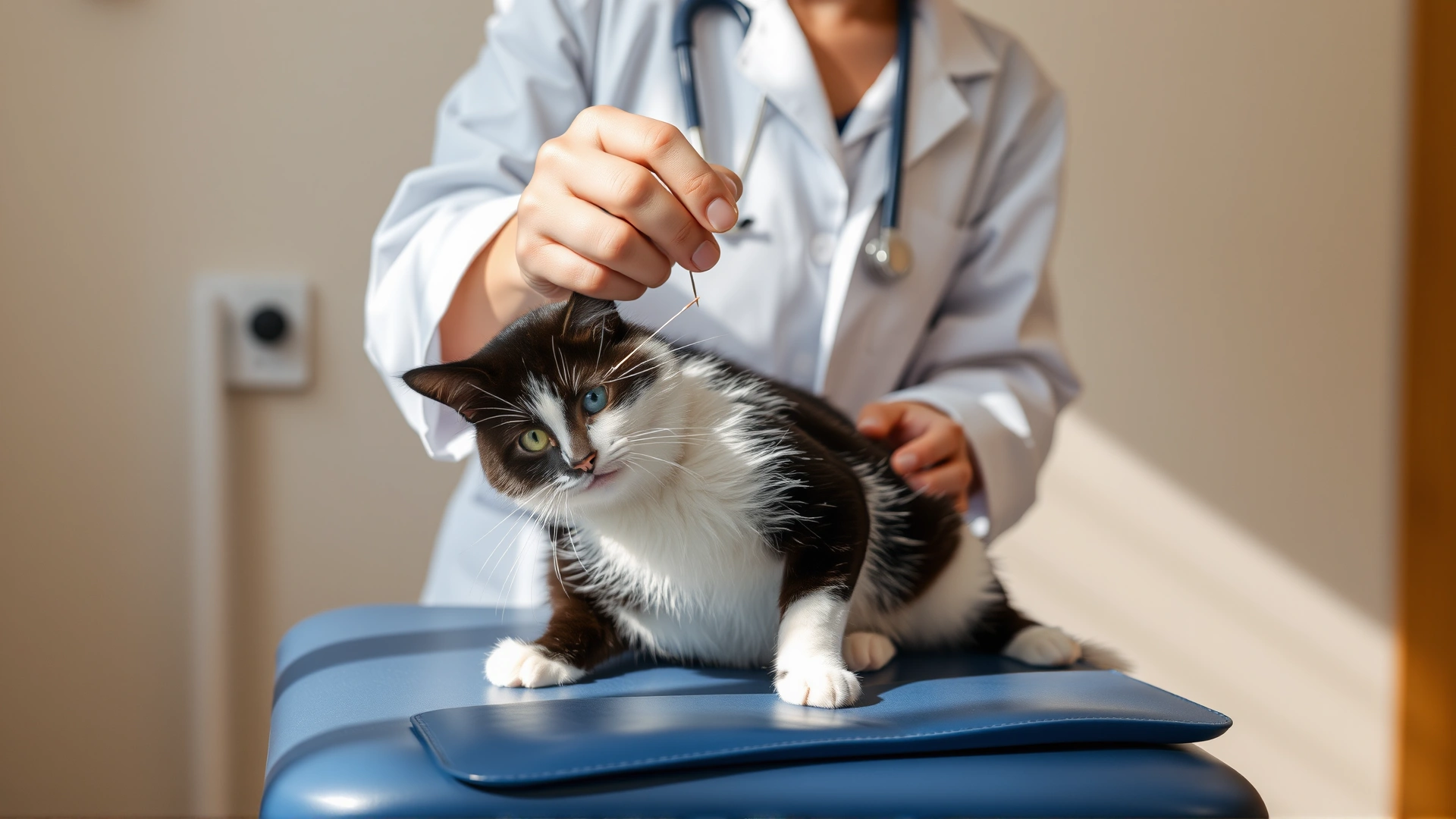 Photo of a certified veterinarian in a white coat gently inserting an acupuncture needle into a black and white cat on an examination table, clinical setting, natural lighting.