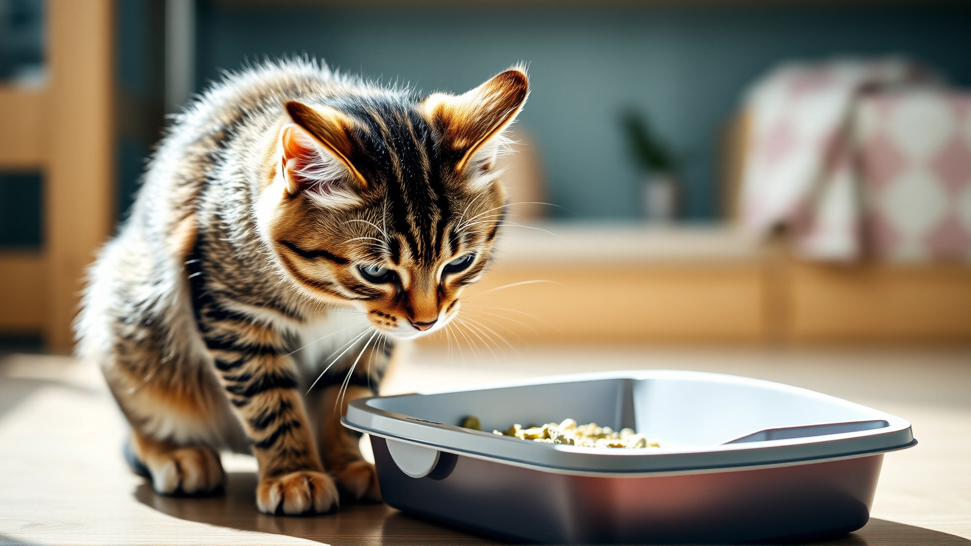 Cute tabby cat sniffing newly poured plant-based litter, kitchen background slightly out of focus, soft daylight.