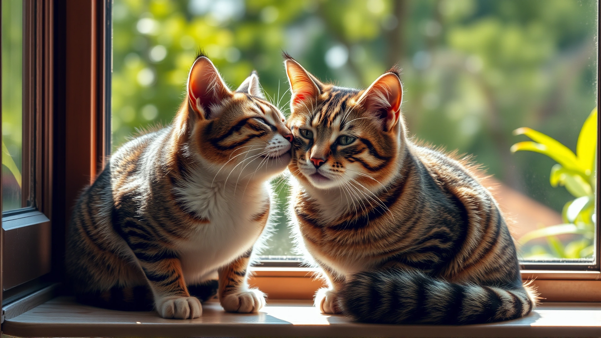 Two cats headbutting each other affectionately on a sunny window sill