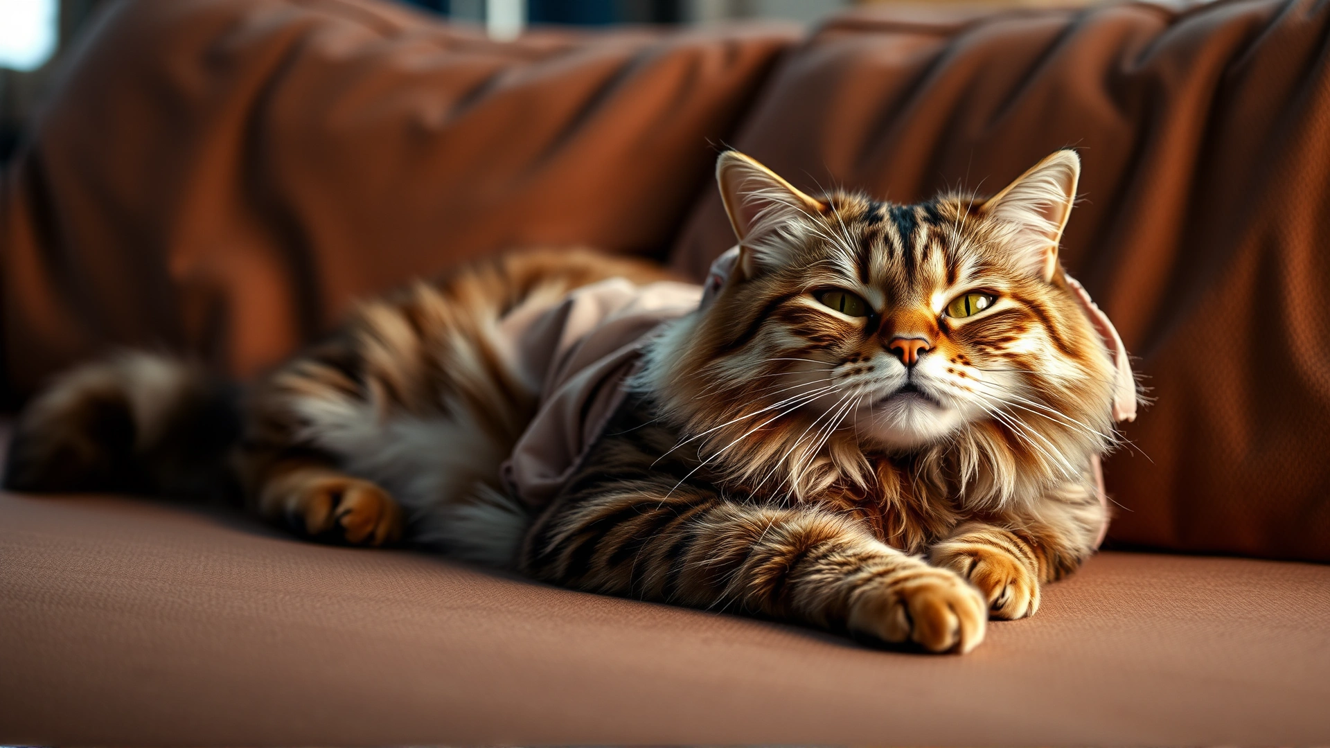Cat wearing a soft recovery suit resting comfortably on a couch at home; warm ambient lighting.