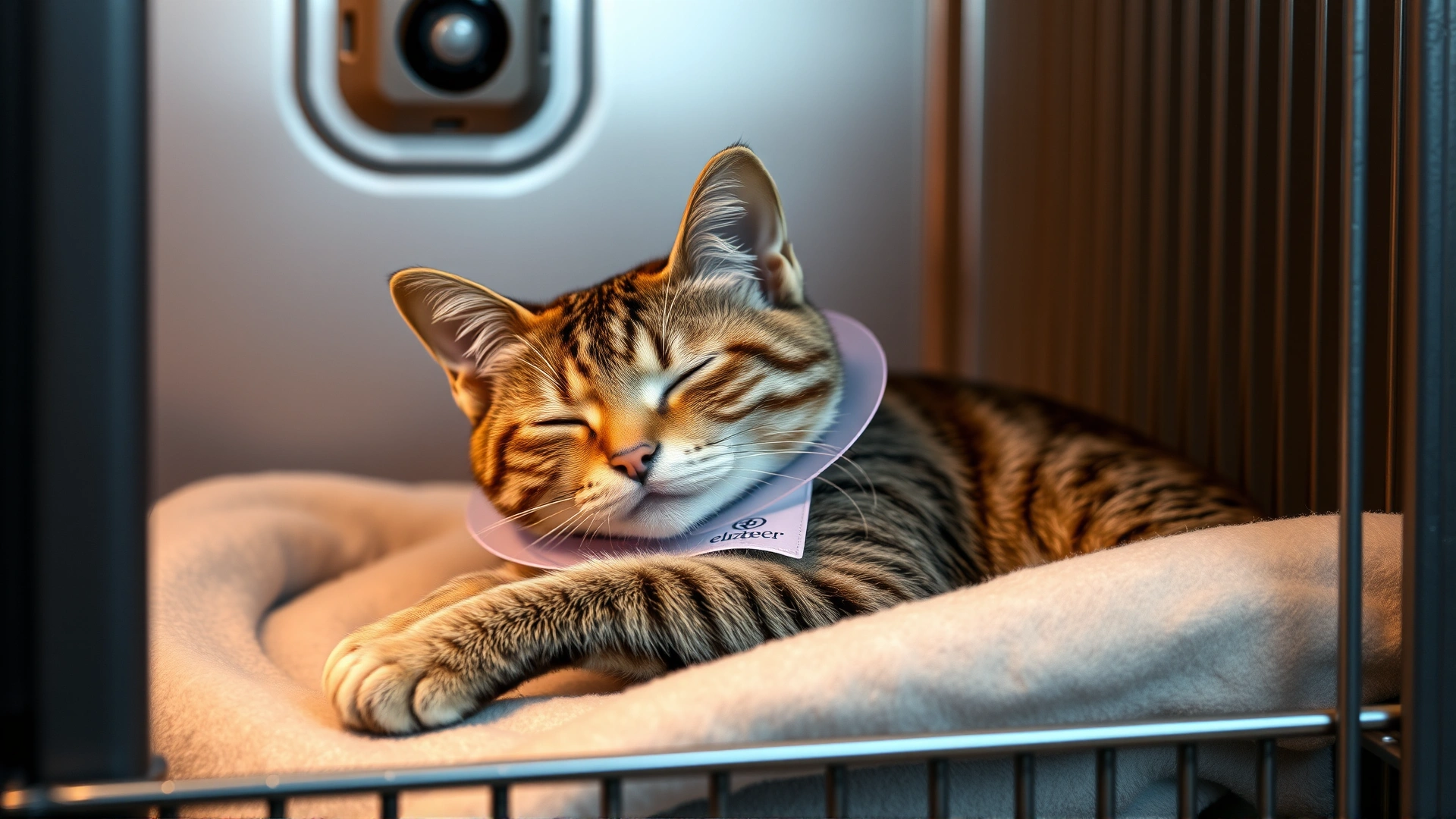 Domestic short-hair cat resting comfortably in a recovery kennel with a soft blanket, wearing a post-surgery collar (Elizabethan collar); warm ambient lighting.