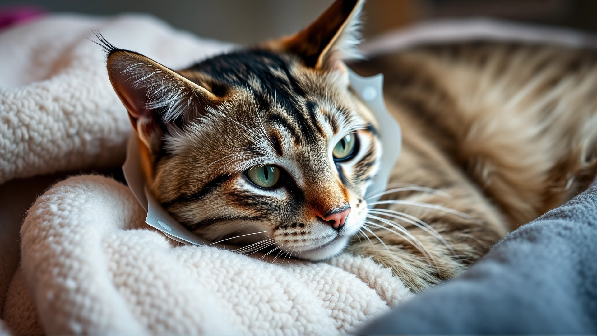 Cat resting on a soft blanket wearing an Elizabethan collar after eye surgery