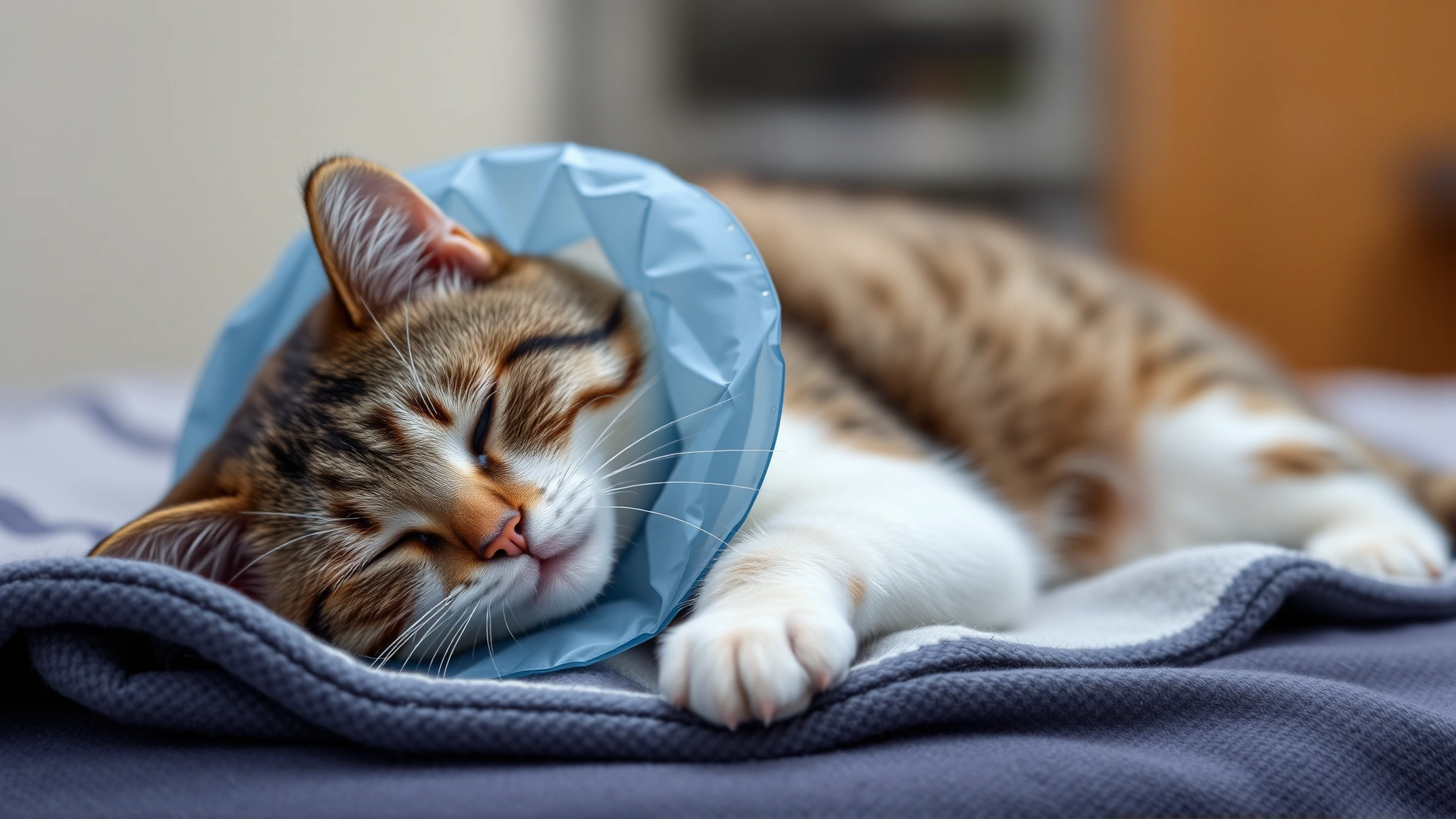 Domestic shorthair cat wearing a soft recovery collar resting comfortably on a blanket after surgery