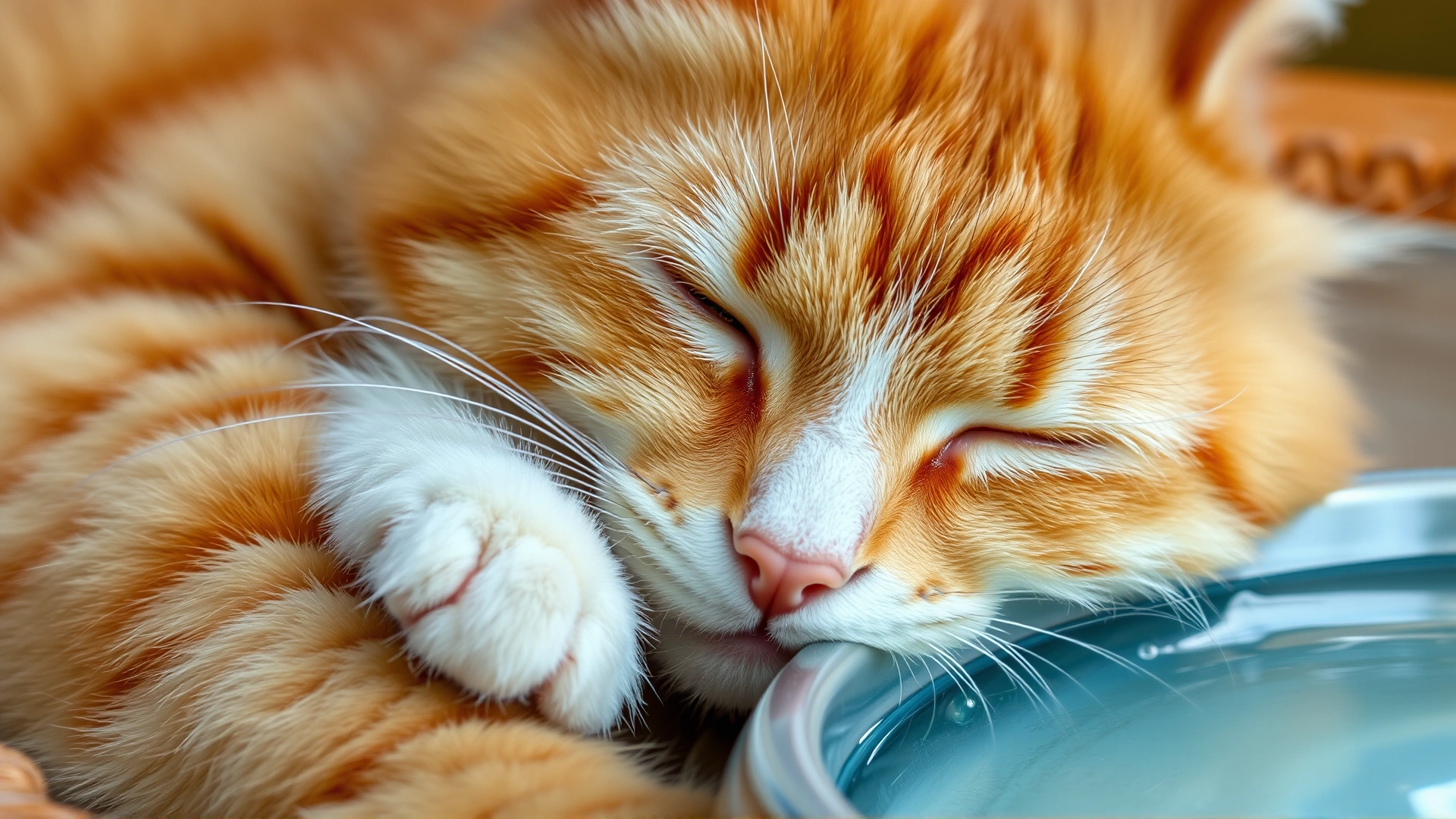 Close-up of a lethargic orange tabby cat lying next to a water bowl with a noticeable look of fatigue