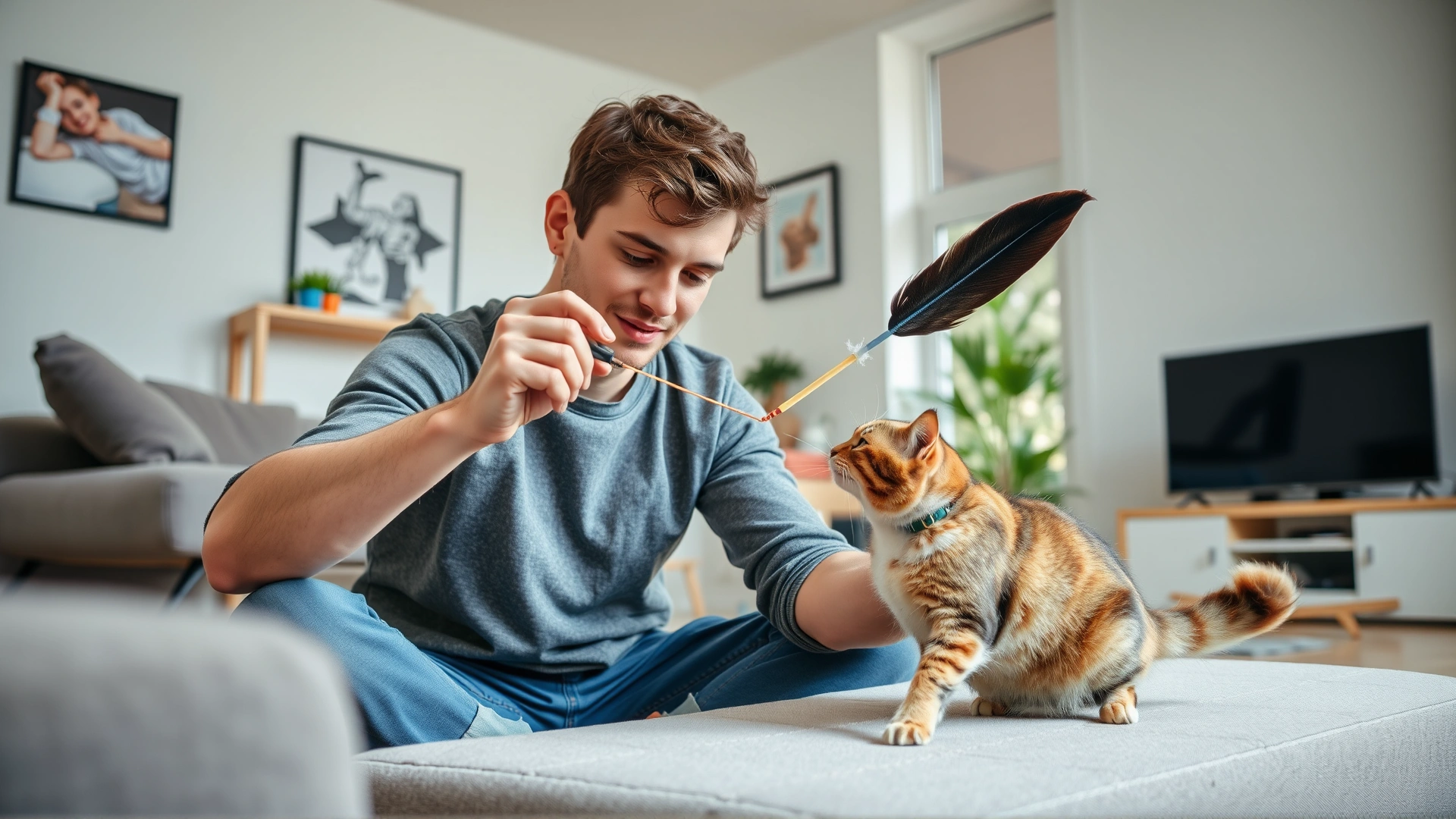 A young man playing with his cat using a feather wand toy in a bright living room, showcasing alternative ways of bonding