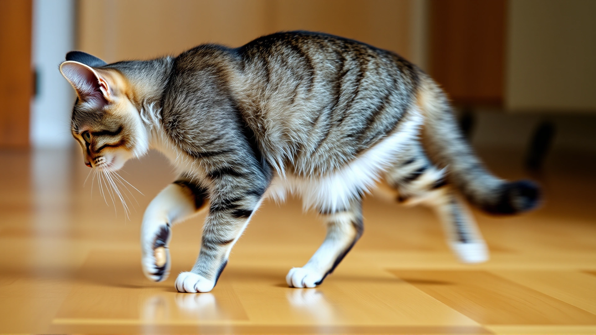 Side view of a cat walking gingerly with a slight limp, hardwood floor background, motion blur on hind legs