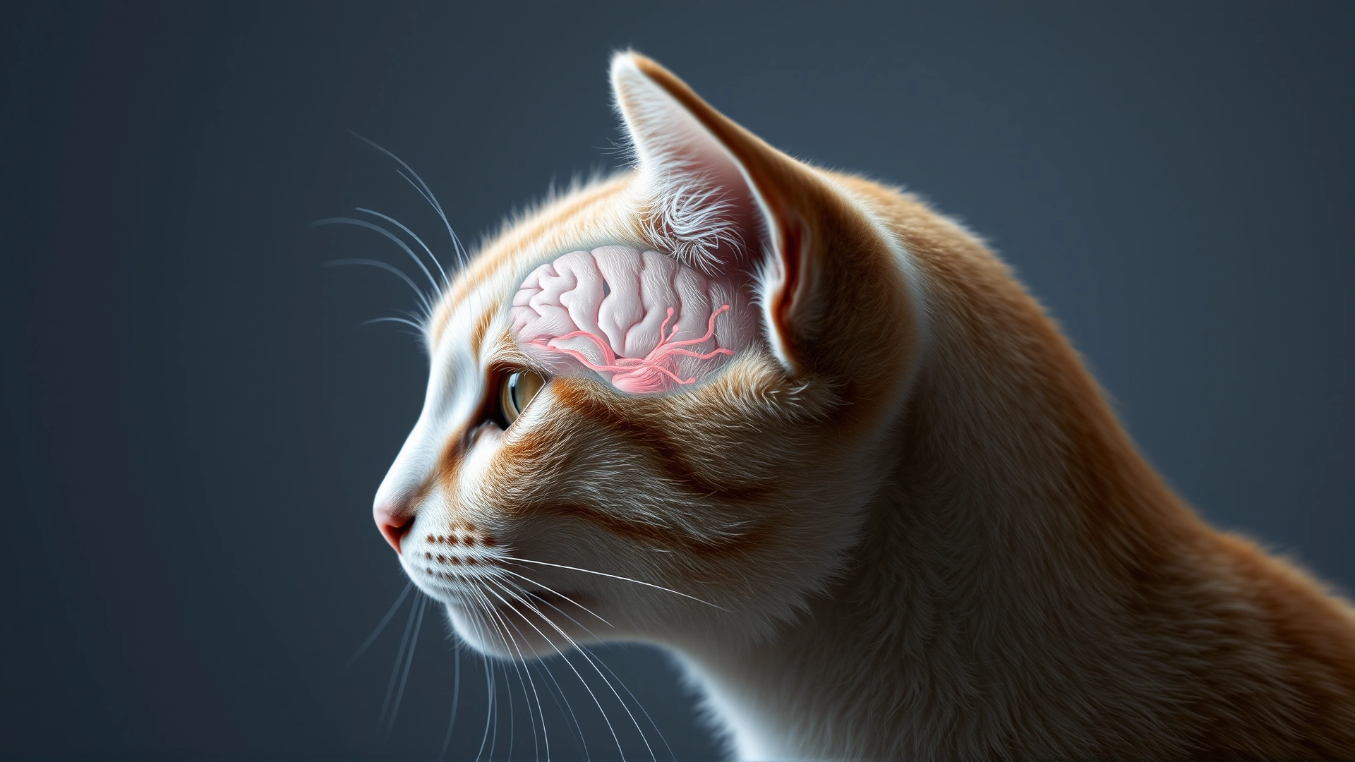 Detailed side-profile of a cat's head in soft focus with subtle translucent overlay of anatomical brain illustration, realistic style, no labels or text
