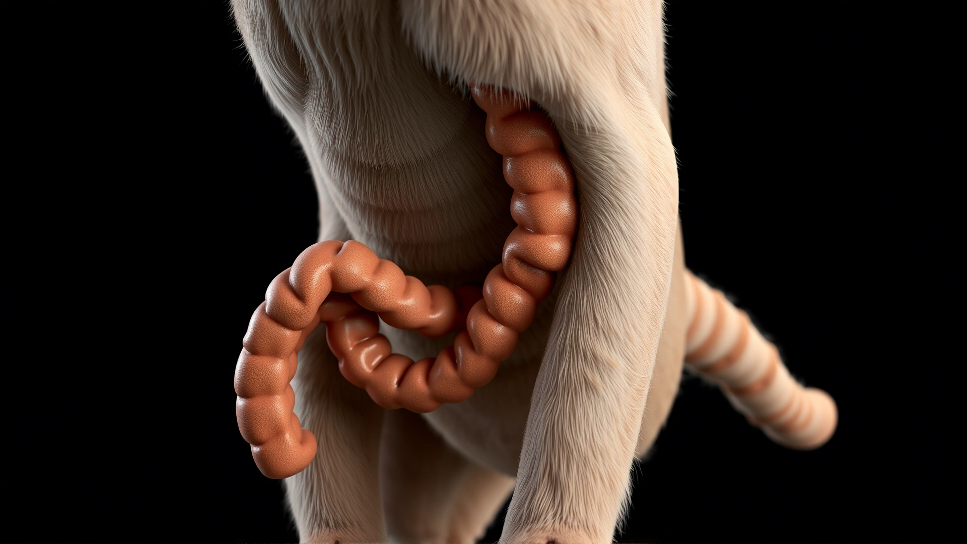 High-quality 3D rendering of a cat’s lower digestive tract highlighting the colon and rectum area, no text or labels