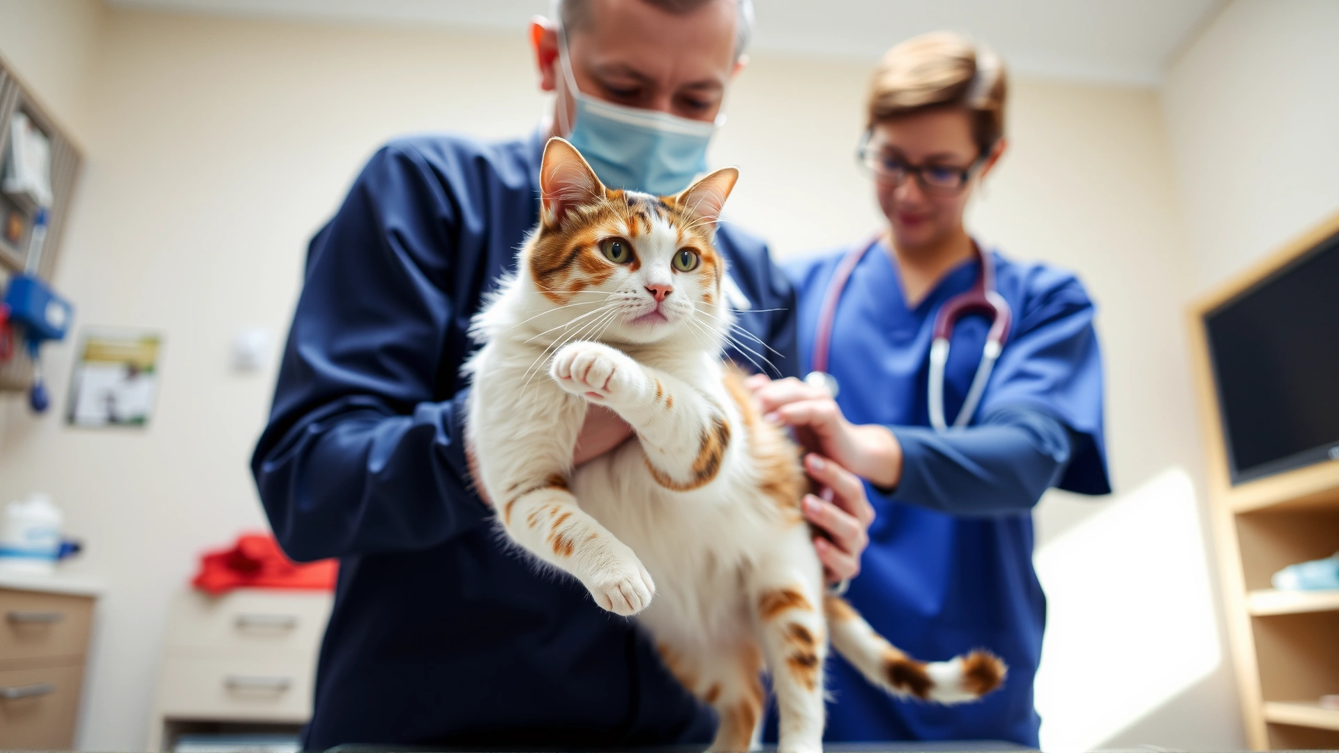 Photo of a veterinarian gently flexing a cat’s front leg to examine joint flexibility, bright veterinary clinic background