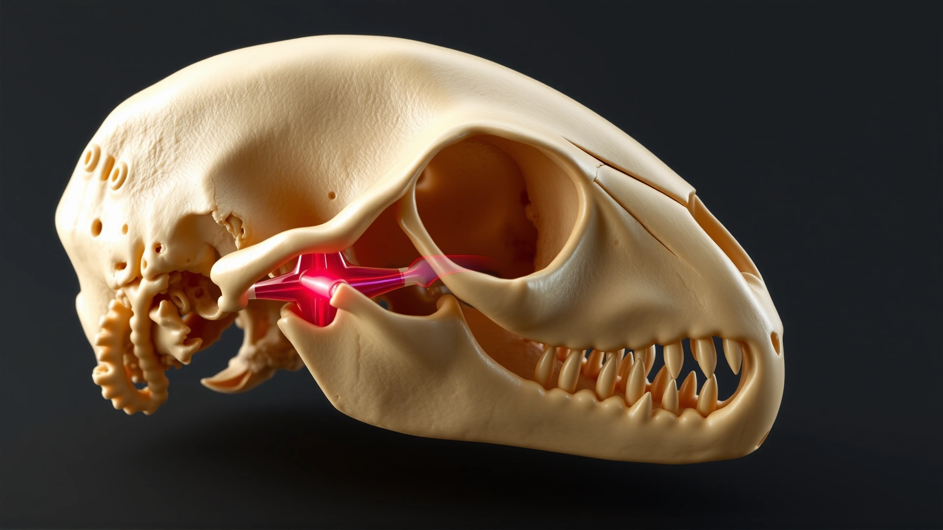Illustrative side-view of a cat skull showing the temporomandibular joint highlighted, realistic 3D render, no text