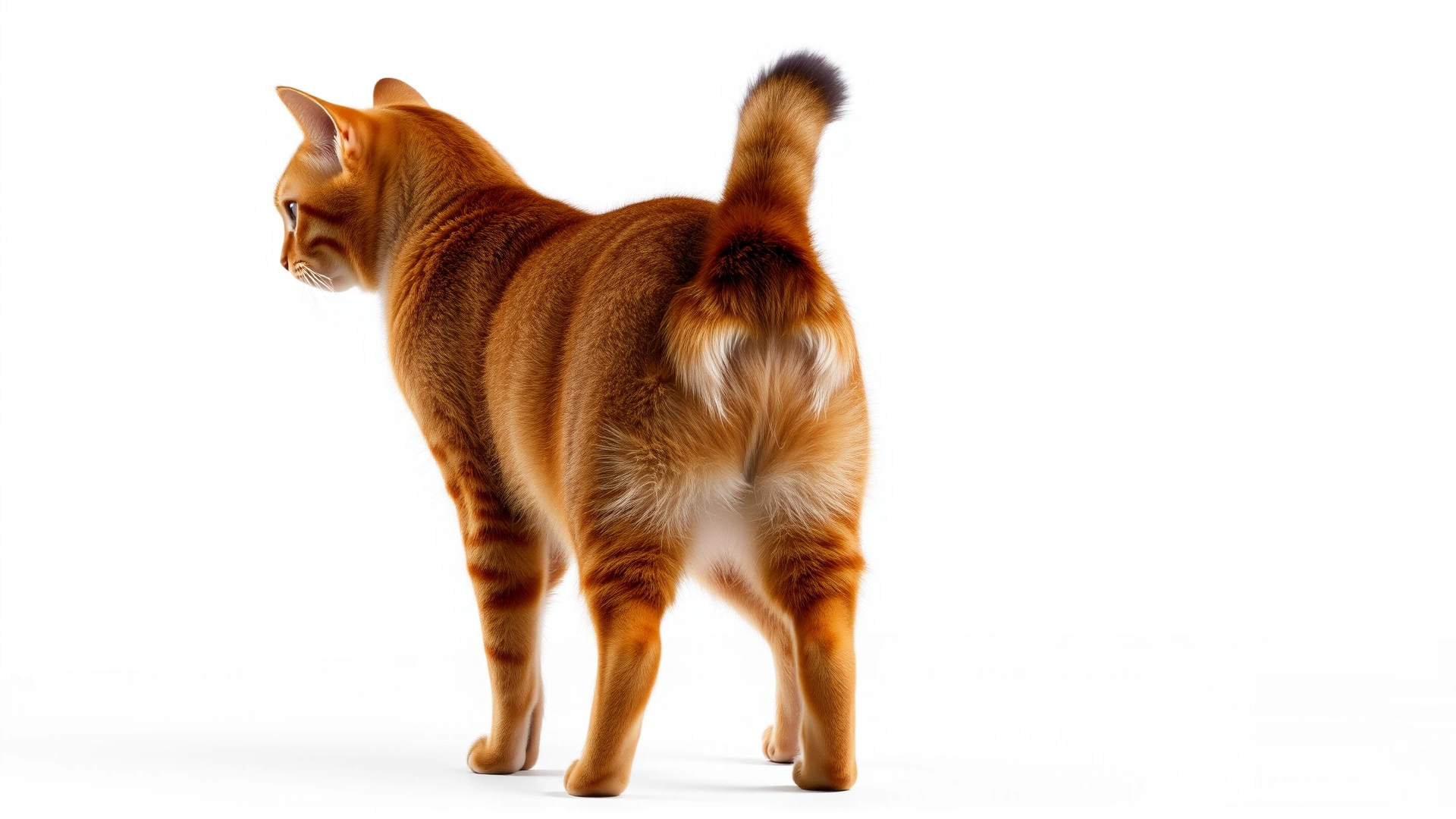 Full-body photo of a standing male ginger tabby cat with tail slightly raised, studio background, clear view of hindquarters for anatomical context