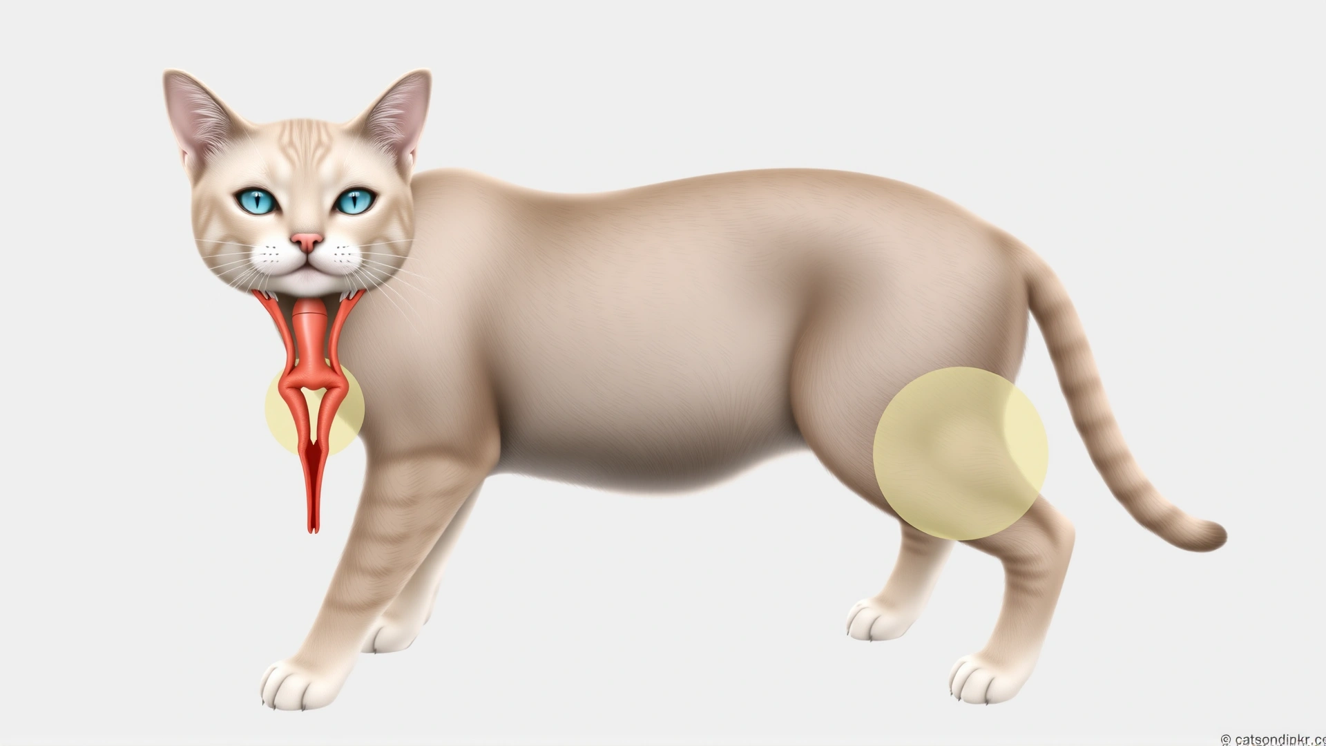 A soft, stylized medical illustration of a female cat highlighting the reproductive tract location without any labels or text, neutral background.
