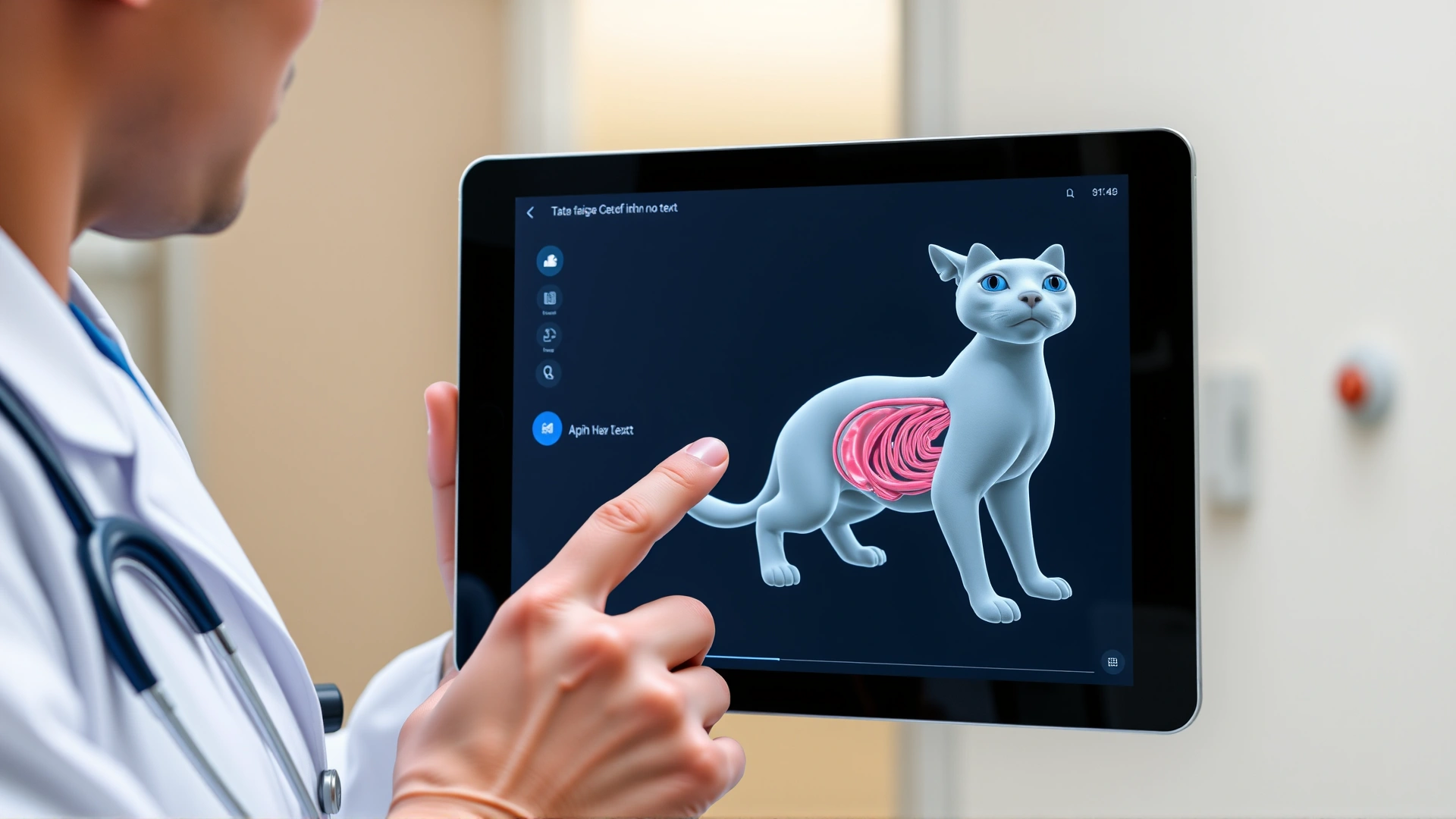Photo of a veterinarian holding a digital tablet displaying a 3D anatomical model of a cat (no text), pointing to the trachea, with a blurred clinic background.