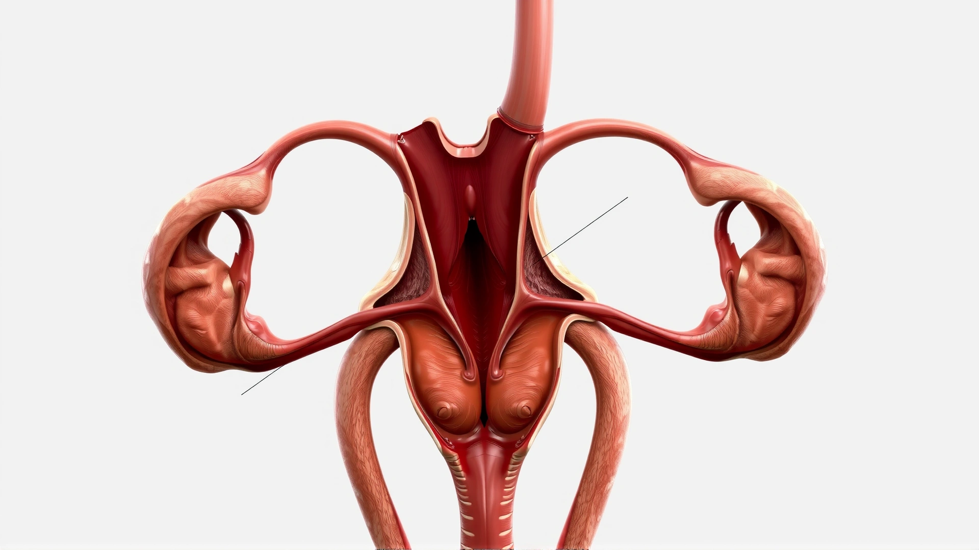Realistic medical-style illustration of a female cat reproductive anatomy in neutral colors, no text labels.