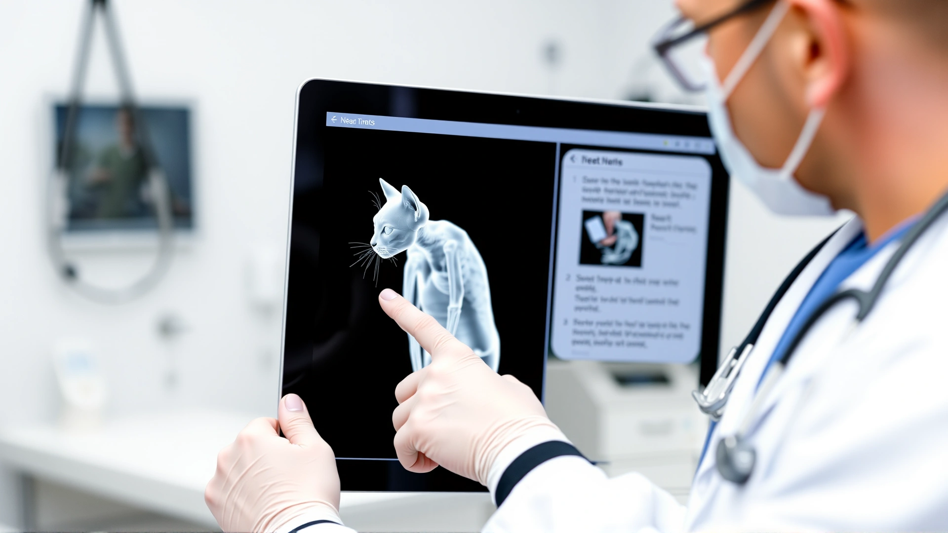 Veterinarian pointing at a digital anatomy model of a cat on a tablet screen, clinic background, no text on screen