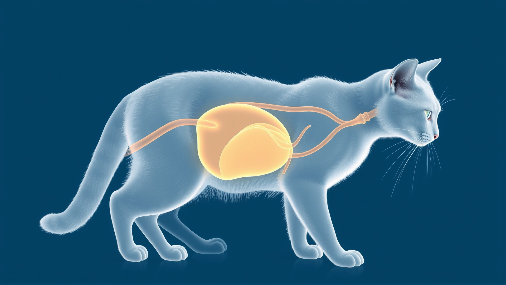 3D rendered illustration of a translucent cat silhouette highlighting the bladder and urinary tract in soft blue tones, no text.