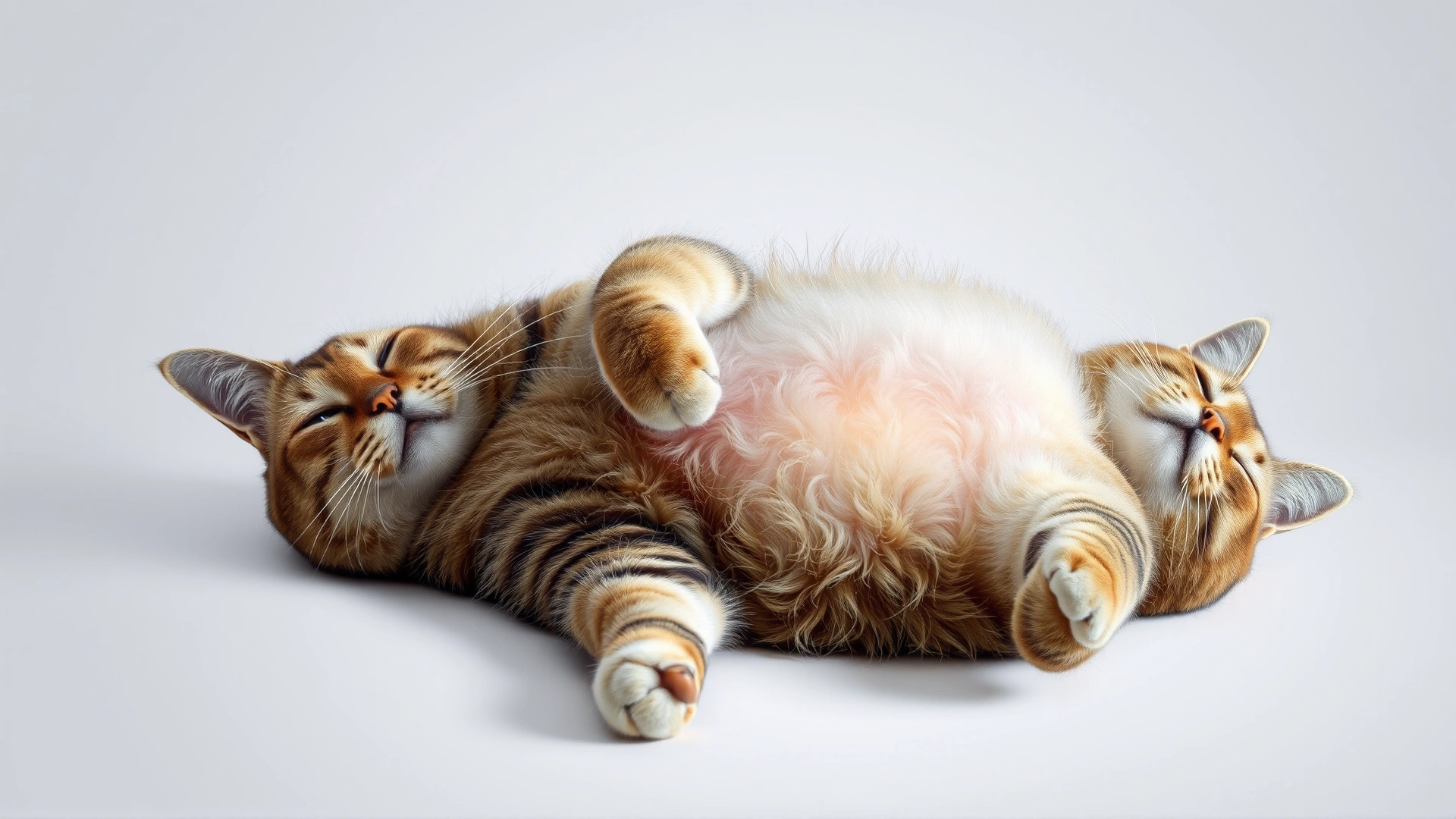 Illustrative photo of a relaxed cat lying on its side, belly visible, subtle overlay highlighting stomach area (no text), bright studio lighting
