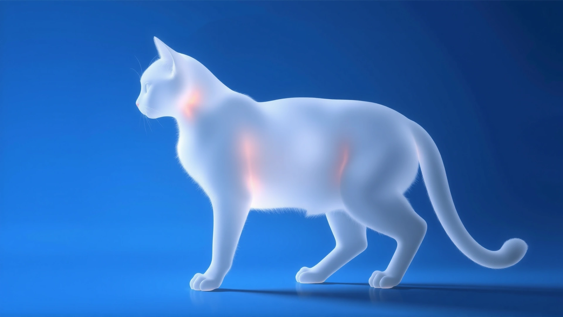 Artistic translucent silhouette of a cat with a subtle highlight along the spine to imply anatomy, on a soft blue background, no text.