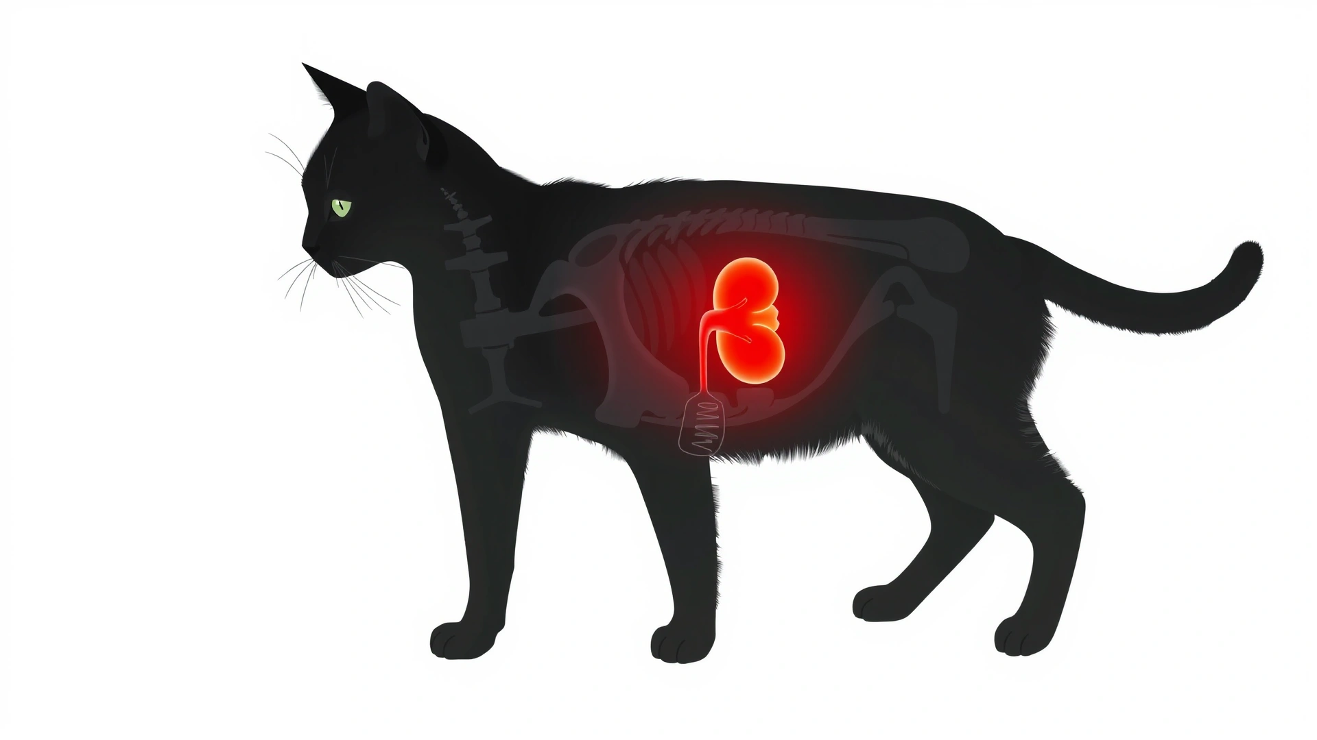 Stylized medical illustration of a cat silhouette with the kidney area highlighted in red, clean white background for educational emphasis.