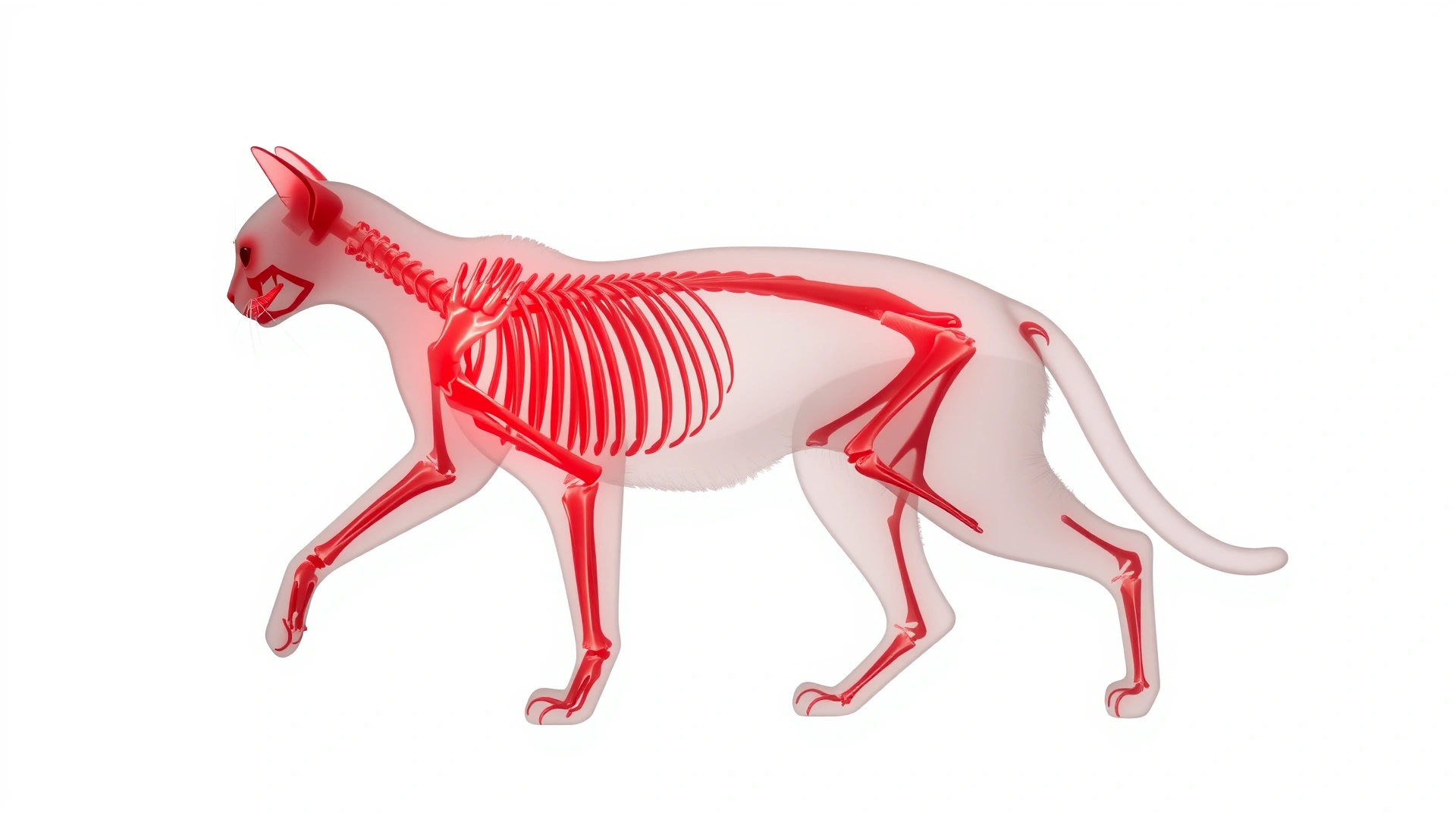 Stylized photo illustration of a translucent cat silhouette highlighting the skeletal muscles in red, no text, white background