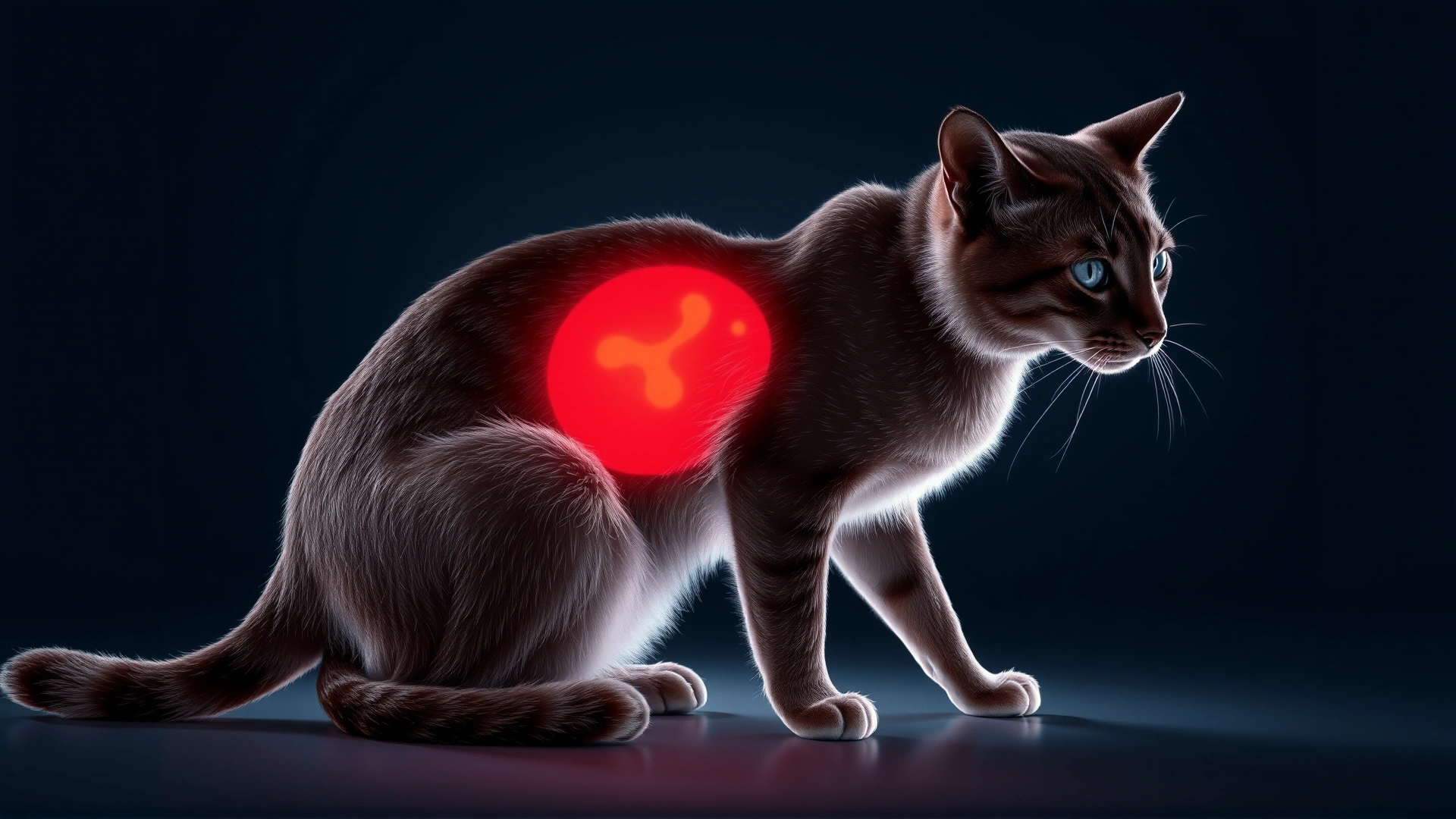 Illustrative photo showing a translucent silhouette of a cat with highlighted spleen area glowing red for anatomical emphasis