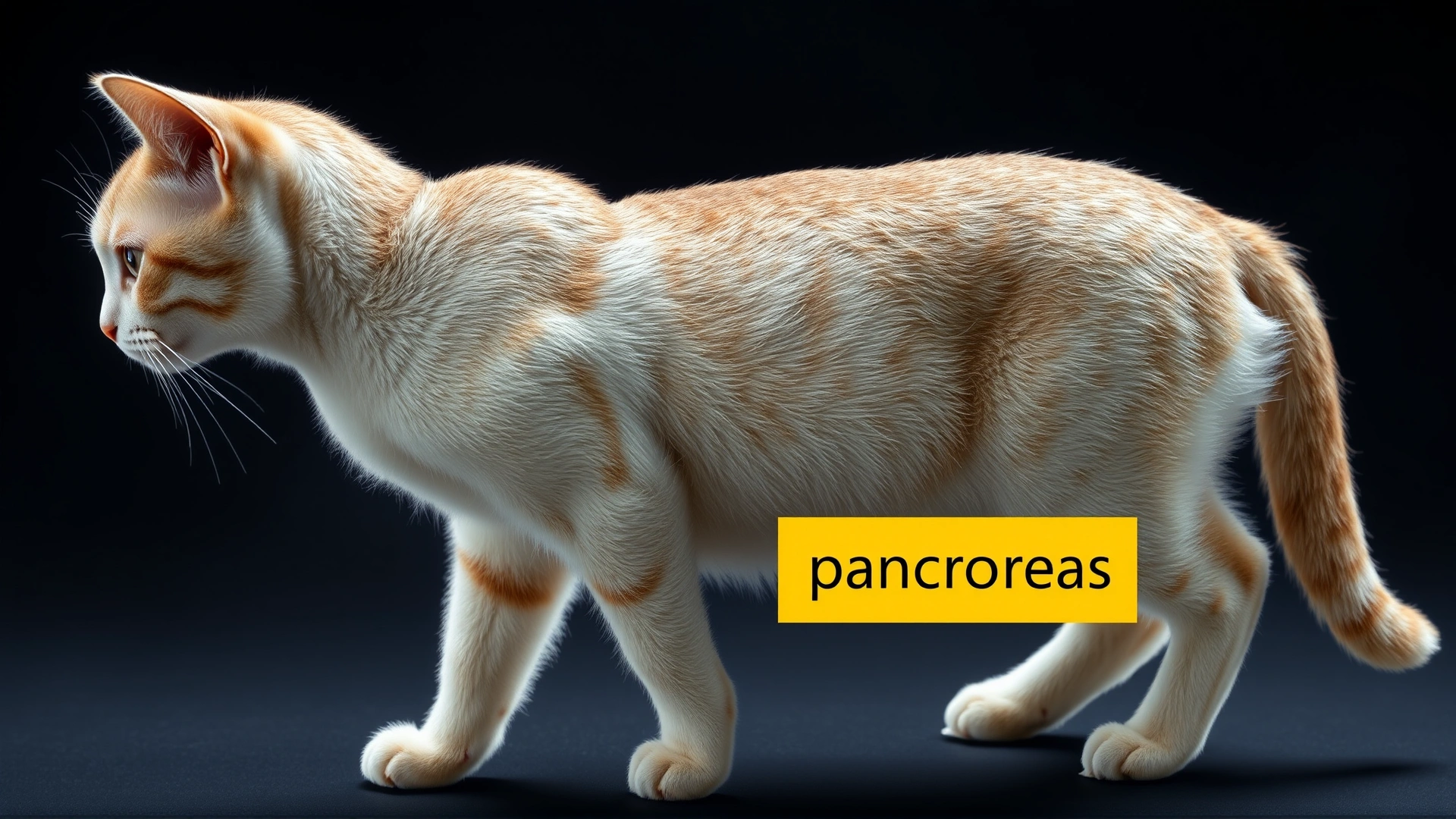 Side-view photo of a short-haired cat standing, with a subtle semi-transparent overlay highlighting the location of the pancreas, no text or labels.