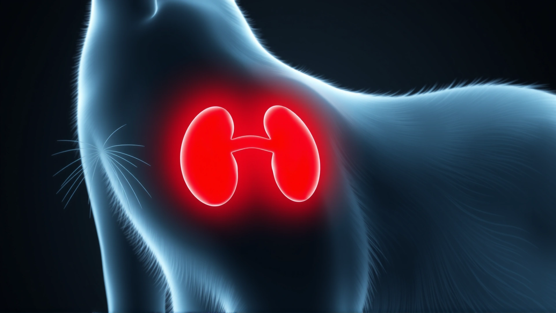 High-resolution medical-style illustration of a cat silhouette with kidneys highlighted in red.