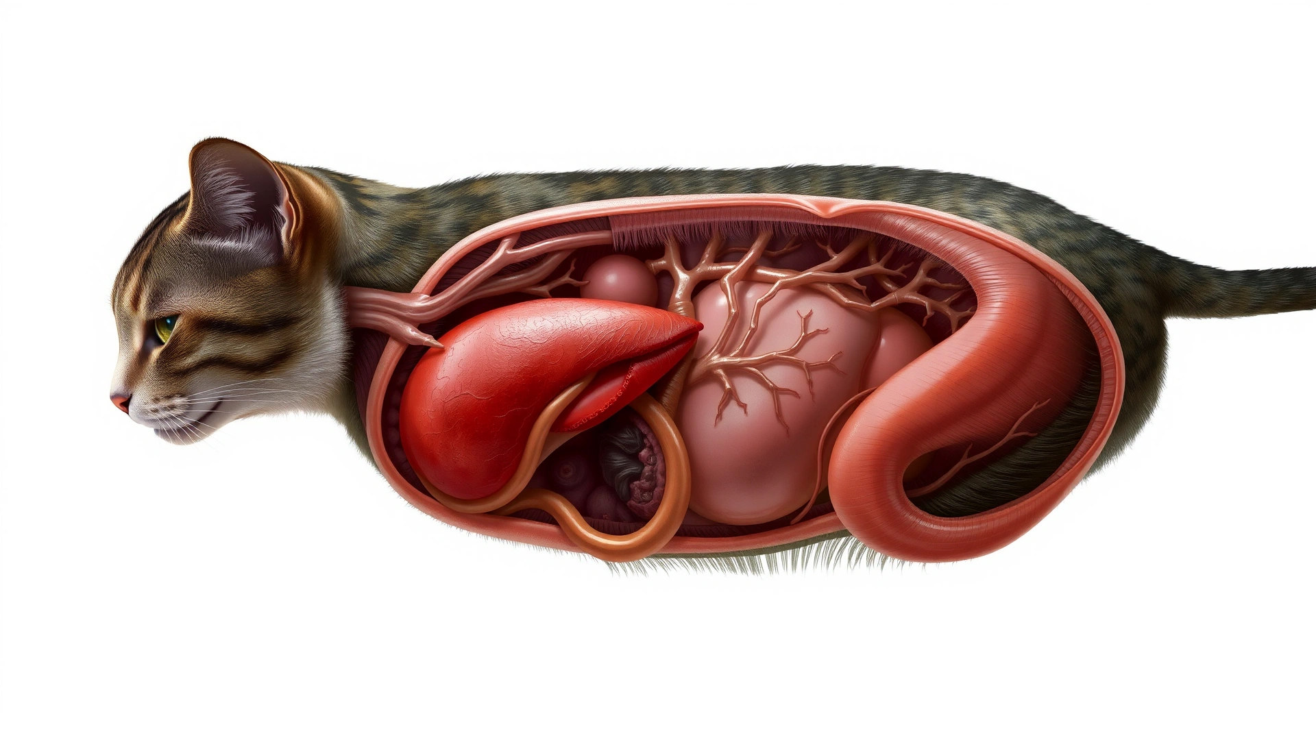 Realistic digital illustration depicting the internal organs of a cat with emphasis on the liver, no text labels, neutral background