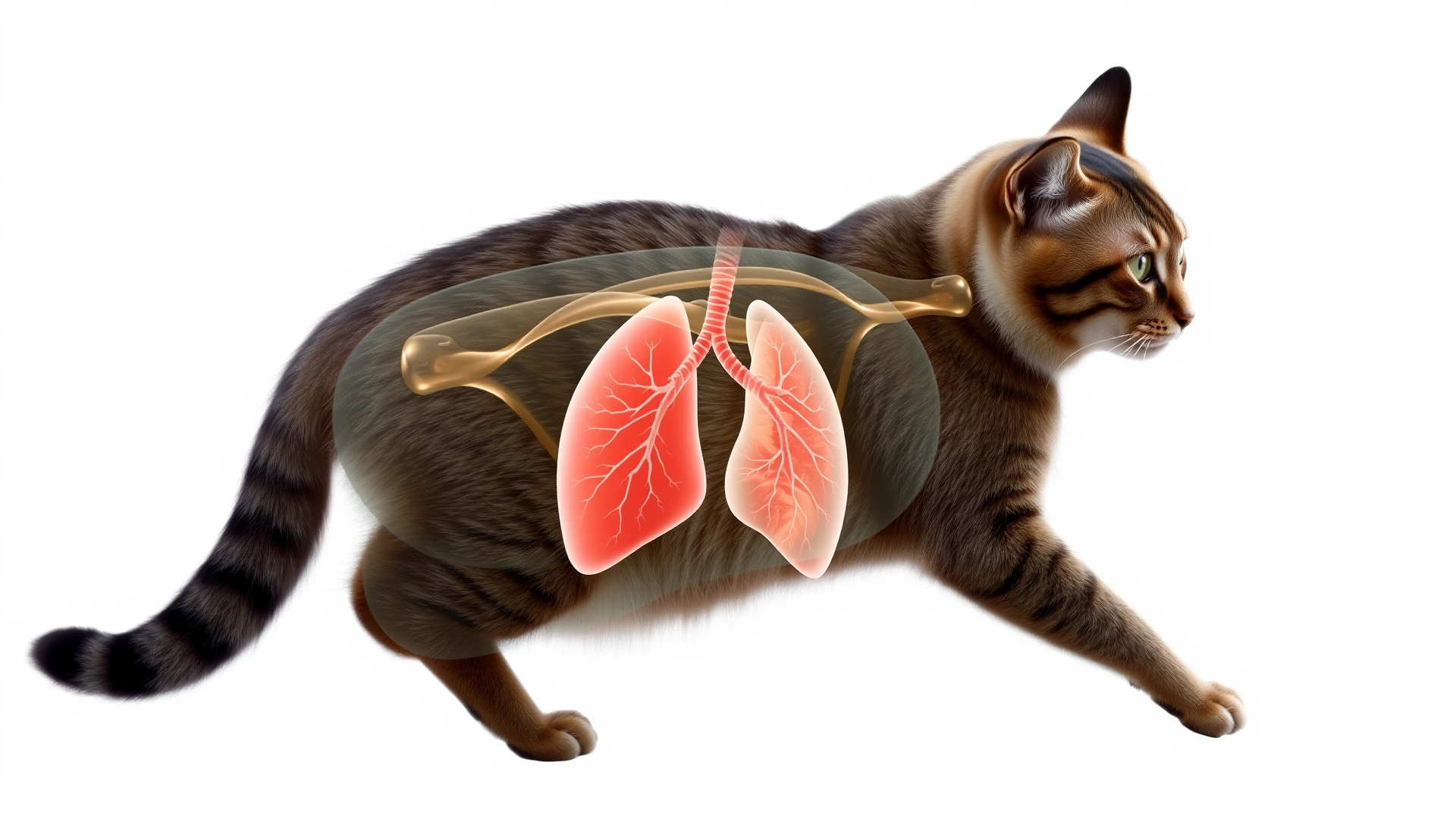 Illustrative photo of a cat side profile with transparent overlay showing lungs and chest cavity, light medical style, white background