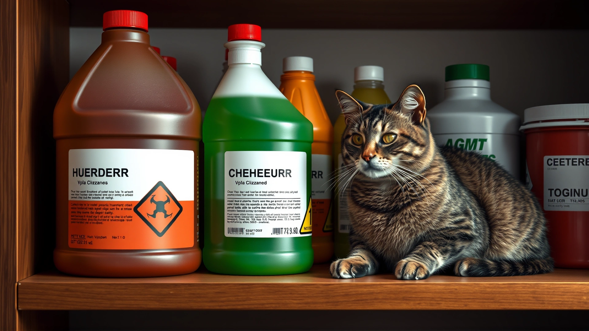 Household shelf with securely stored chemical containers labeled as hazardous, with a relaxed cat sitting nearby, demonstrating preventive safety measures.