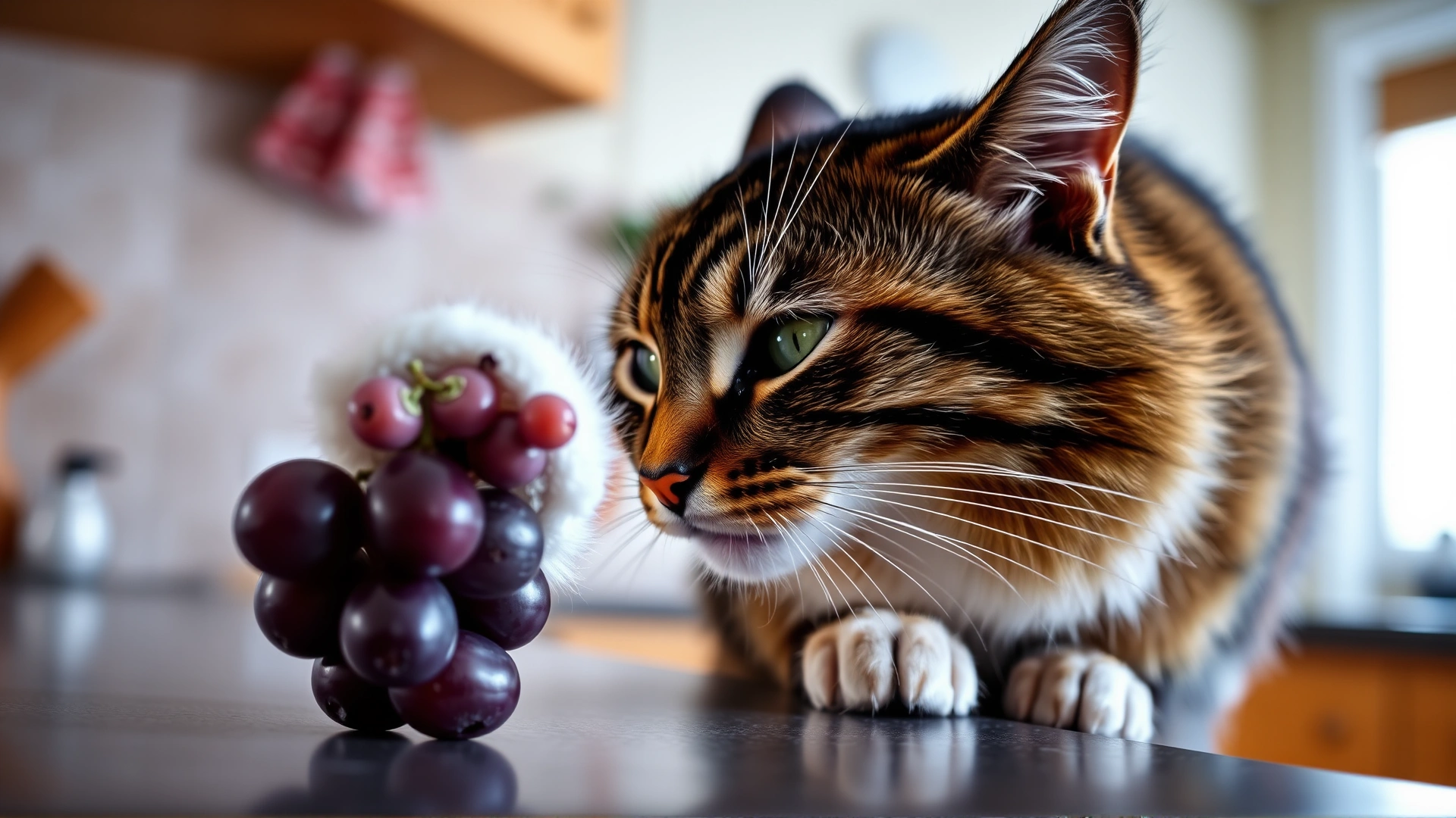 A close-up shot of a tabby cat reaching out its paw toward a single purple grape on a kitchen countertop, illustrating curiosity and potential danger.