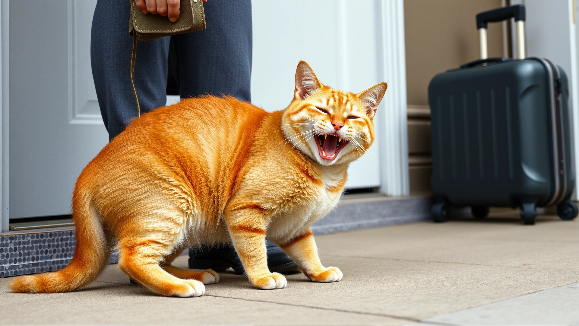 Happy orange tabby cat rubbing against its owner’s legs at a front door, owner holding a small suitcase, illustrating recognition after absence.