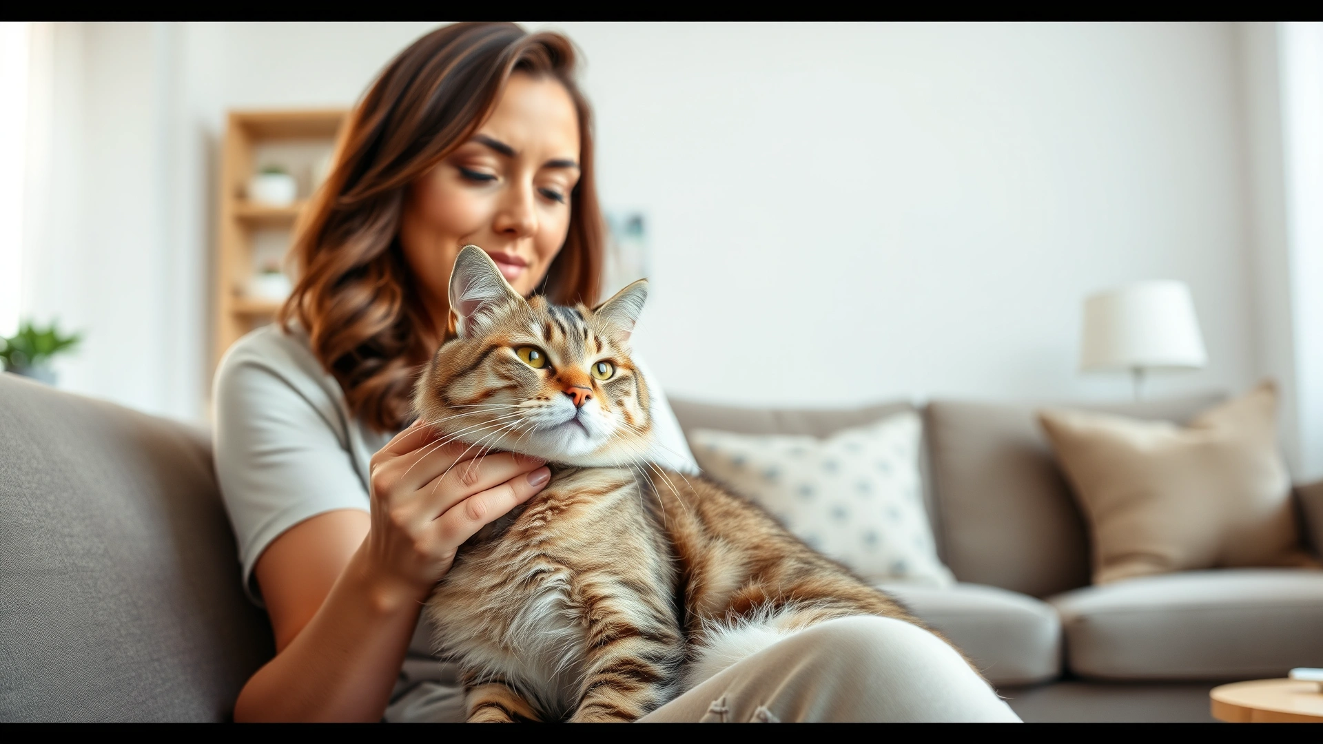 A woman gently petting her domestic short-haired cat on her lap in a bright living room, illustrating closeness and daily interaction.