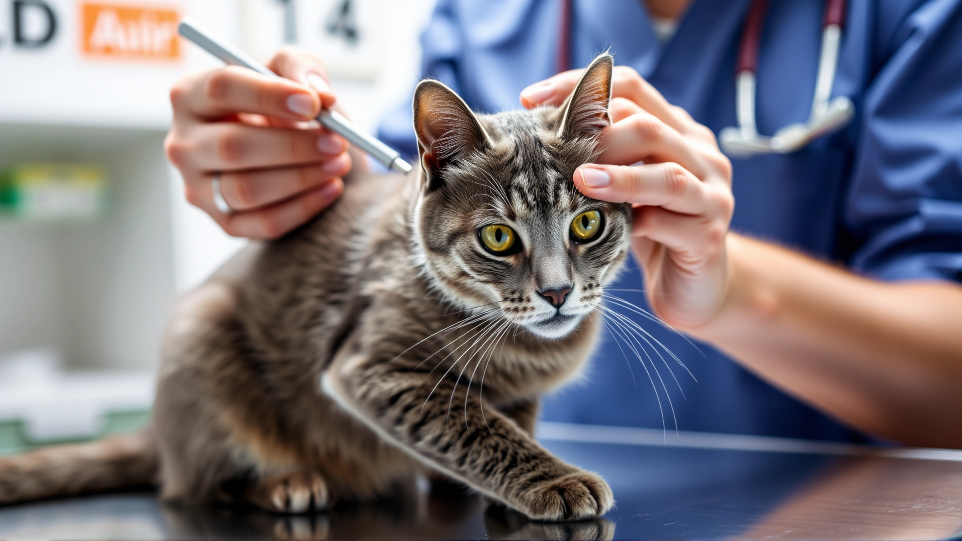Mid-shot of a veterinarian holding a grey domestic shorthair cat on an exam table while visually inspecting its skin, bright clinical setting.