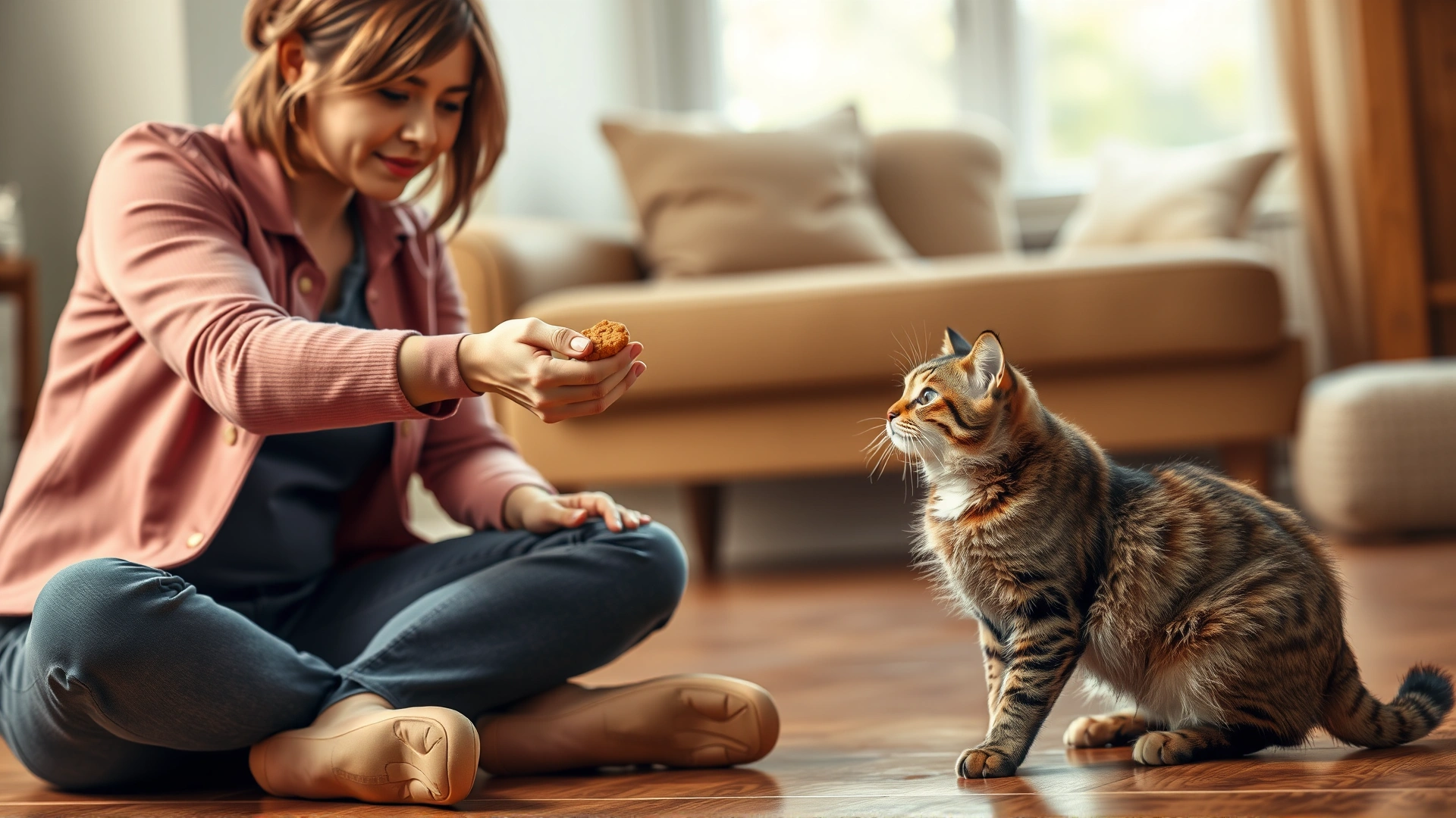 Visitor sitting cross-legged on the floor, extending a hand with a treat toward a cautious cat that is deciding whether to approach