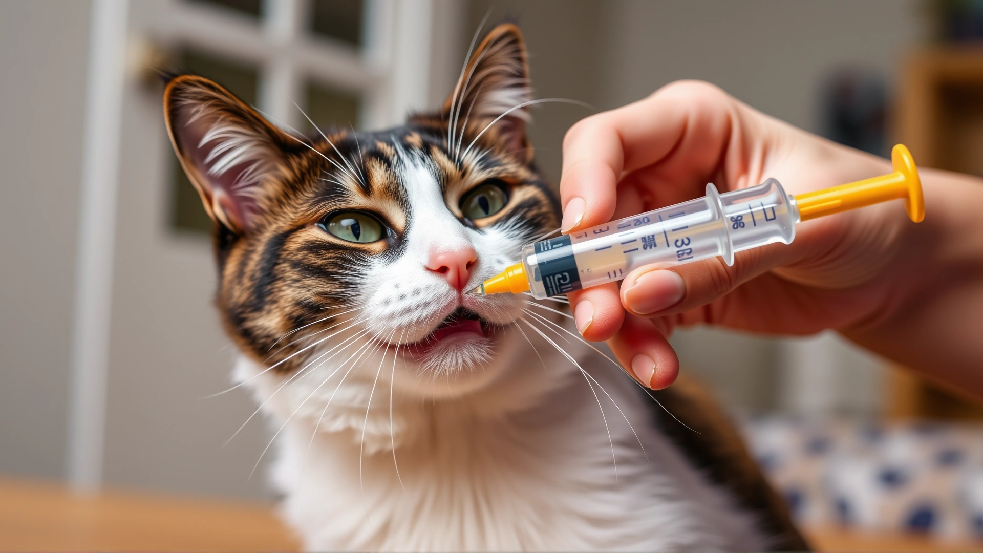 Close-up of human hands administering liquid medication to a cooperative cat using an oral syringe; warm household setting.