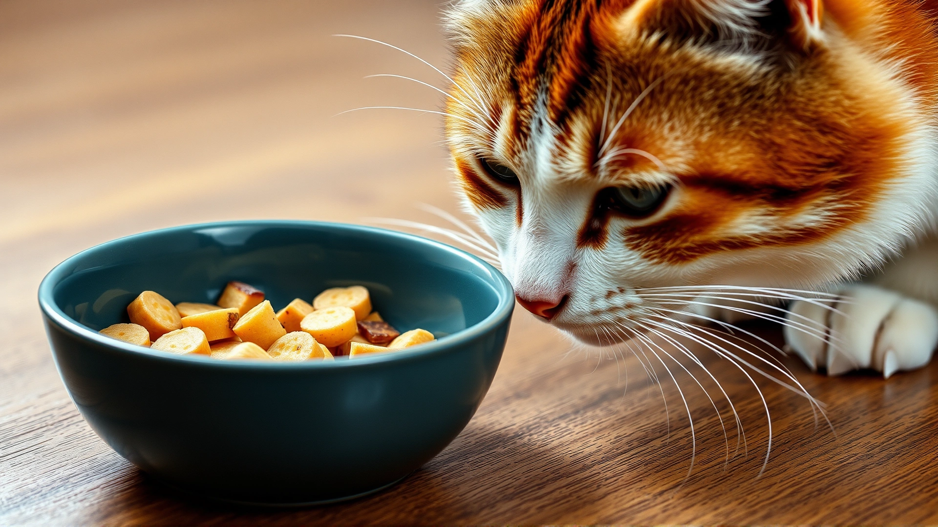 Close-up of a cat sniffing an untouched bowl of food to illustrate loss of appetite.