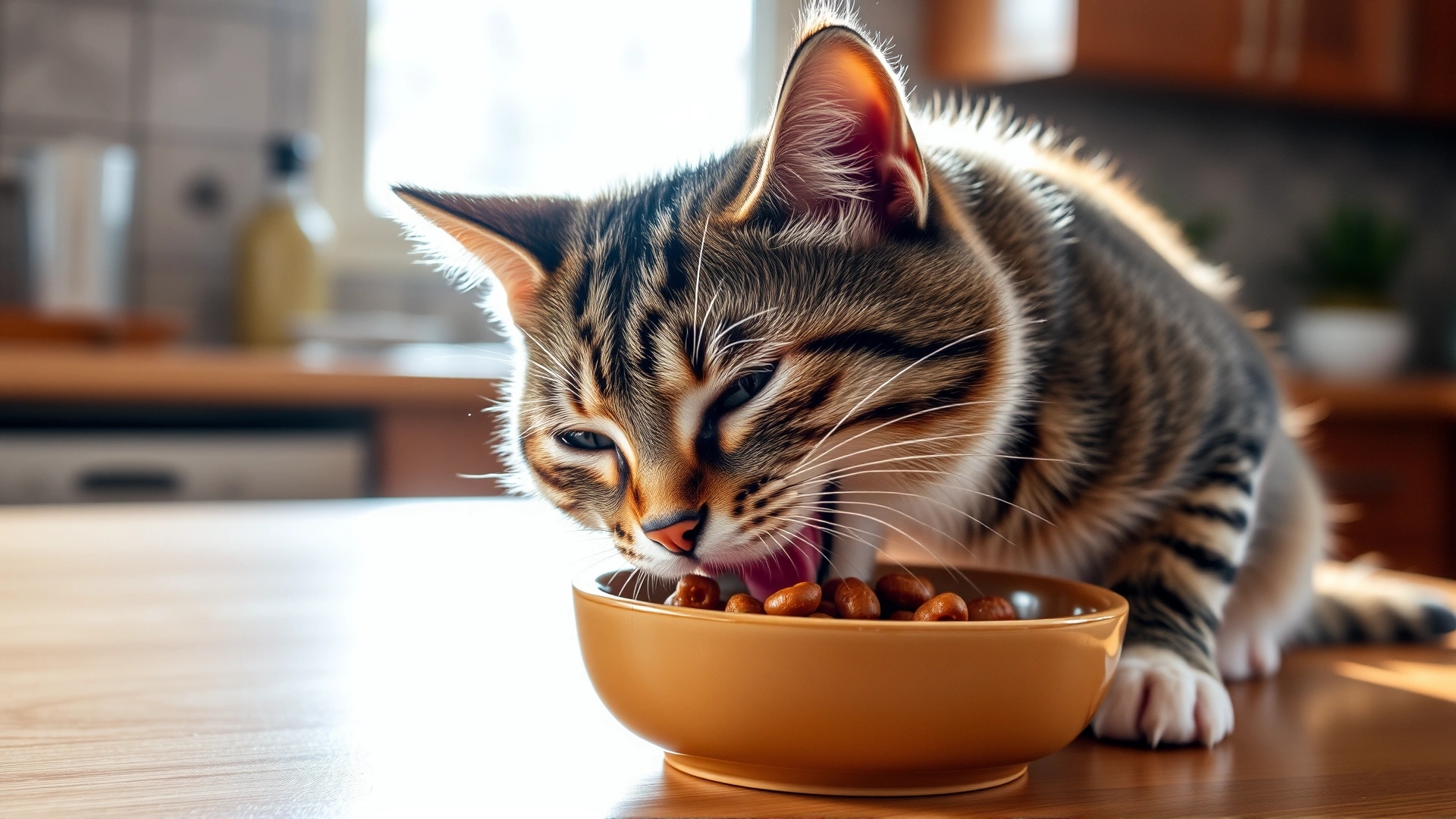 Happy tabby cat eating from a ceramic bowl filled with wet food, kitchen background, sunlight streaming through a window.
