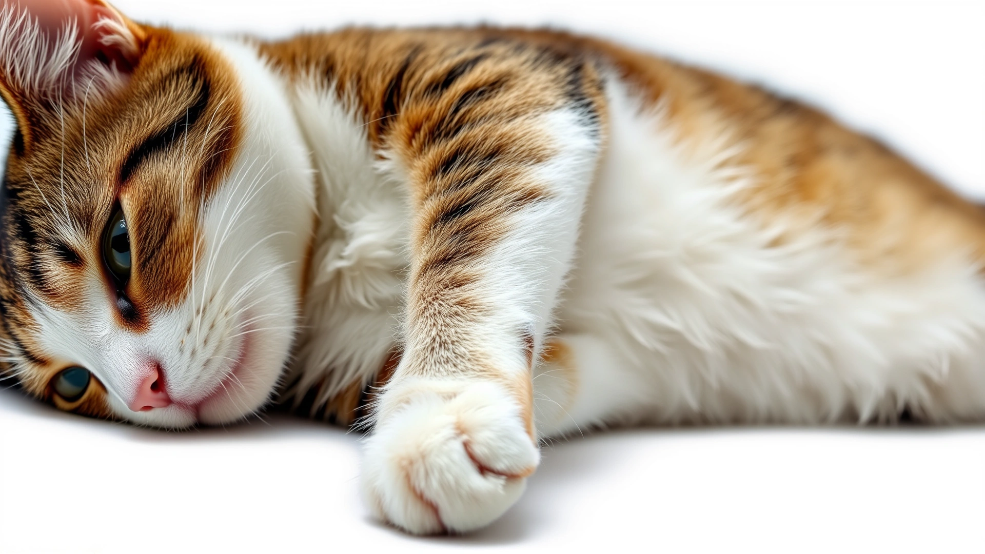 Cat lying on its side with armpit exposed; a small tick visible in the fur, white background, veterinary setting.