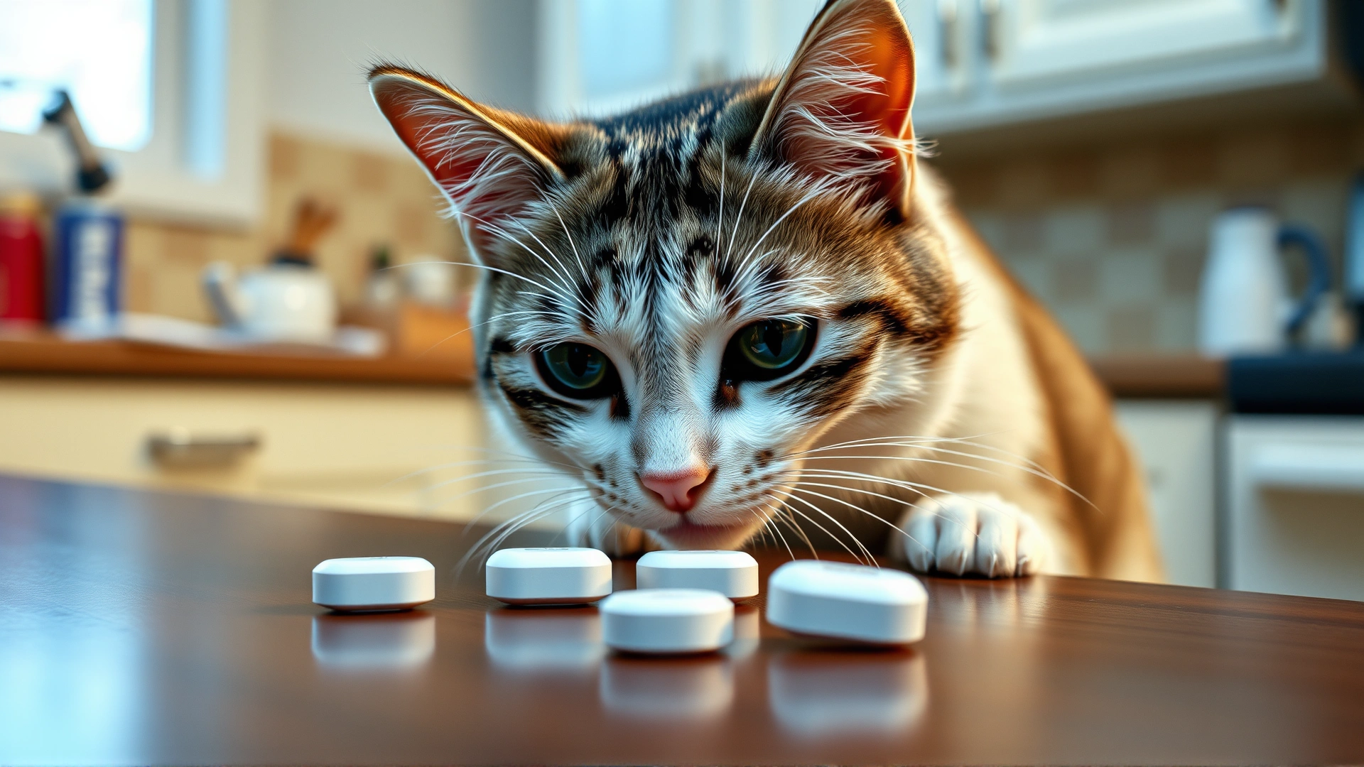 Curious cat sniffing a couple of white aspirin tablets on a kitchen counter, soft lighting, shallow depth of field