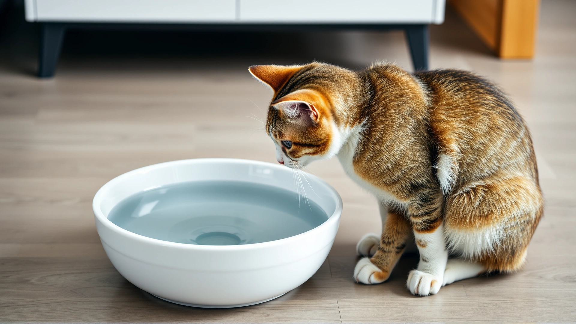 Side-angle shot of a domestic cat sitting in front of a water bowl, staring at it without drinking, wooden floor background.