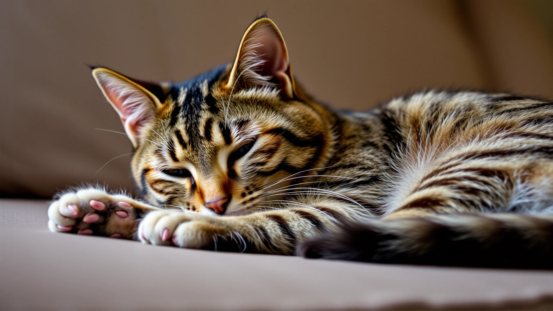 Domestic tabby cat lying on a couch looking lethargic, soft natural lighting to indicate early illness signs.