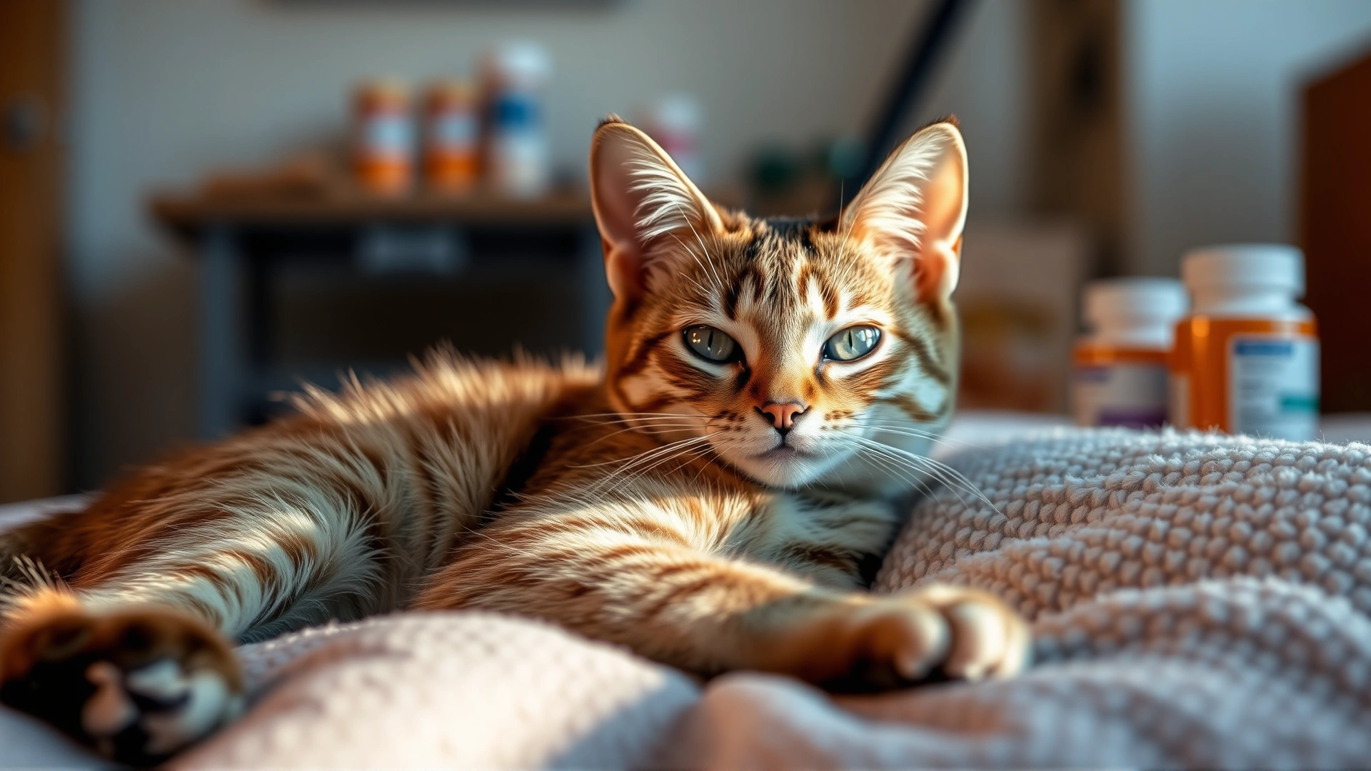 Cozy indoor scene showing a relaxed domestic shorthair cat lying on a plush bed with prescription pill bottles blurred in the background, warm lighting.