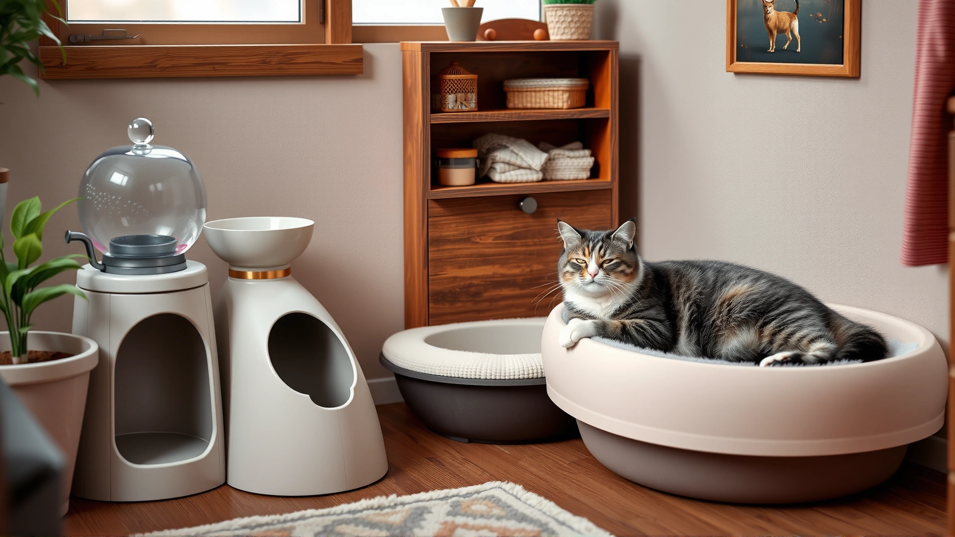 Cozy home setup with a cat bed, water fountain, and low-entry litter box, with a senior cat resting comfortably.