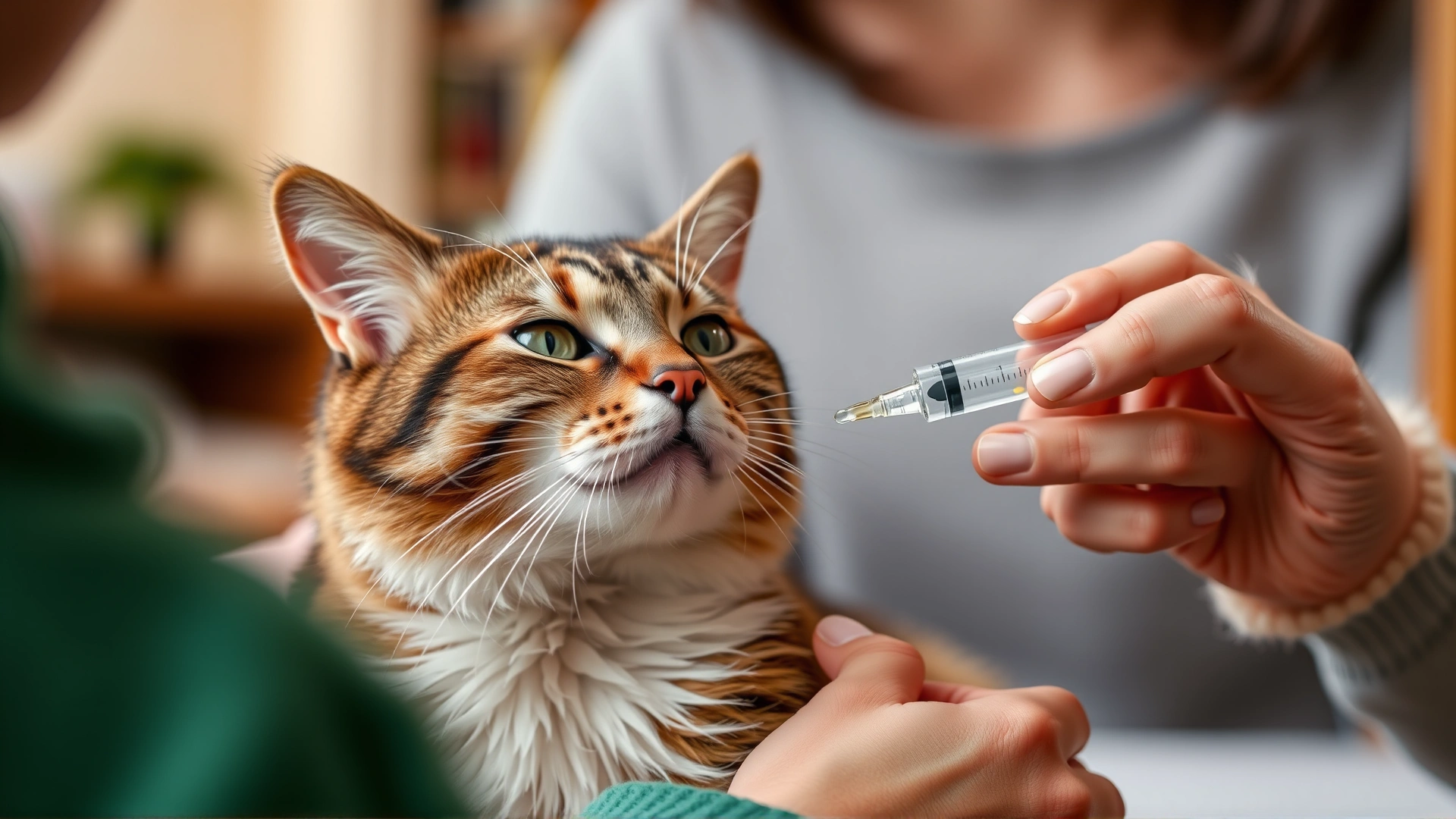 Cat owner administering liquid medicine to a cooperative cat with a small syringe dropper in a cozy home setting.