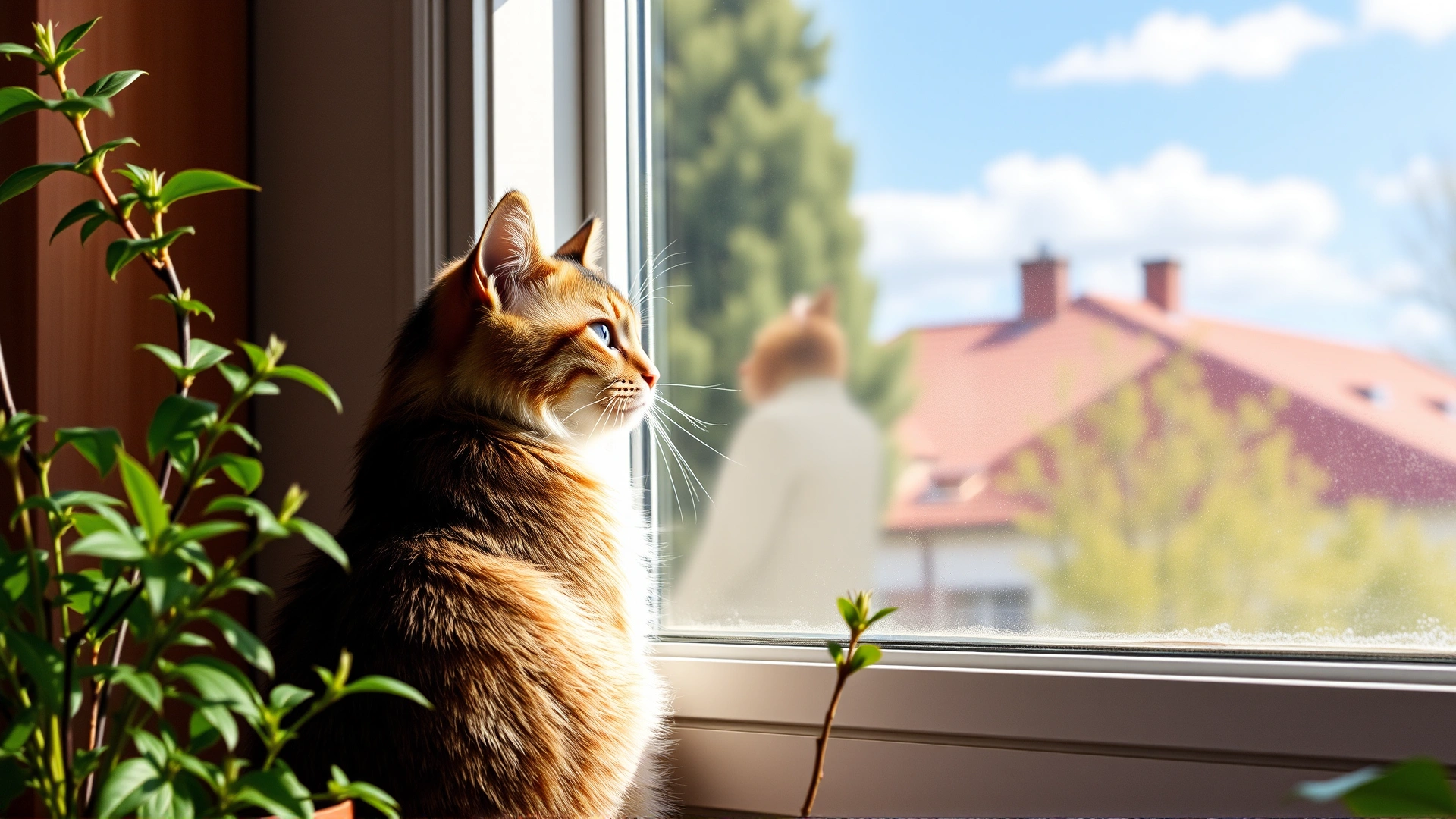 Domestic cat sitting on a windowsill looking outside on a sunny day, plants around, cozy home vibe.